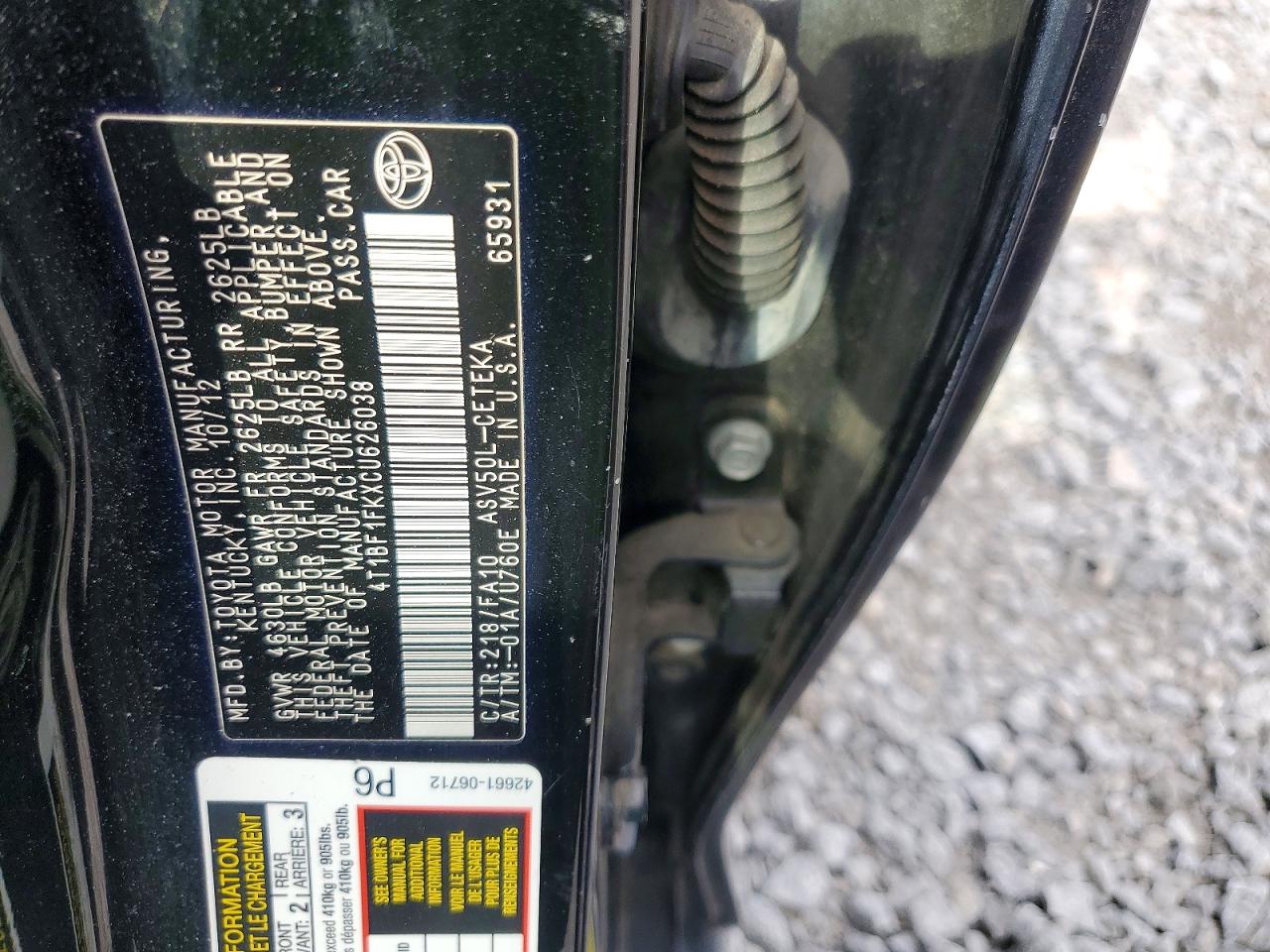 2012 Toyota Camry L Black vin: 4T1BF1FKXCU626038