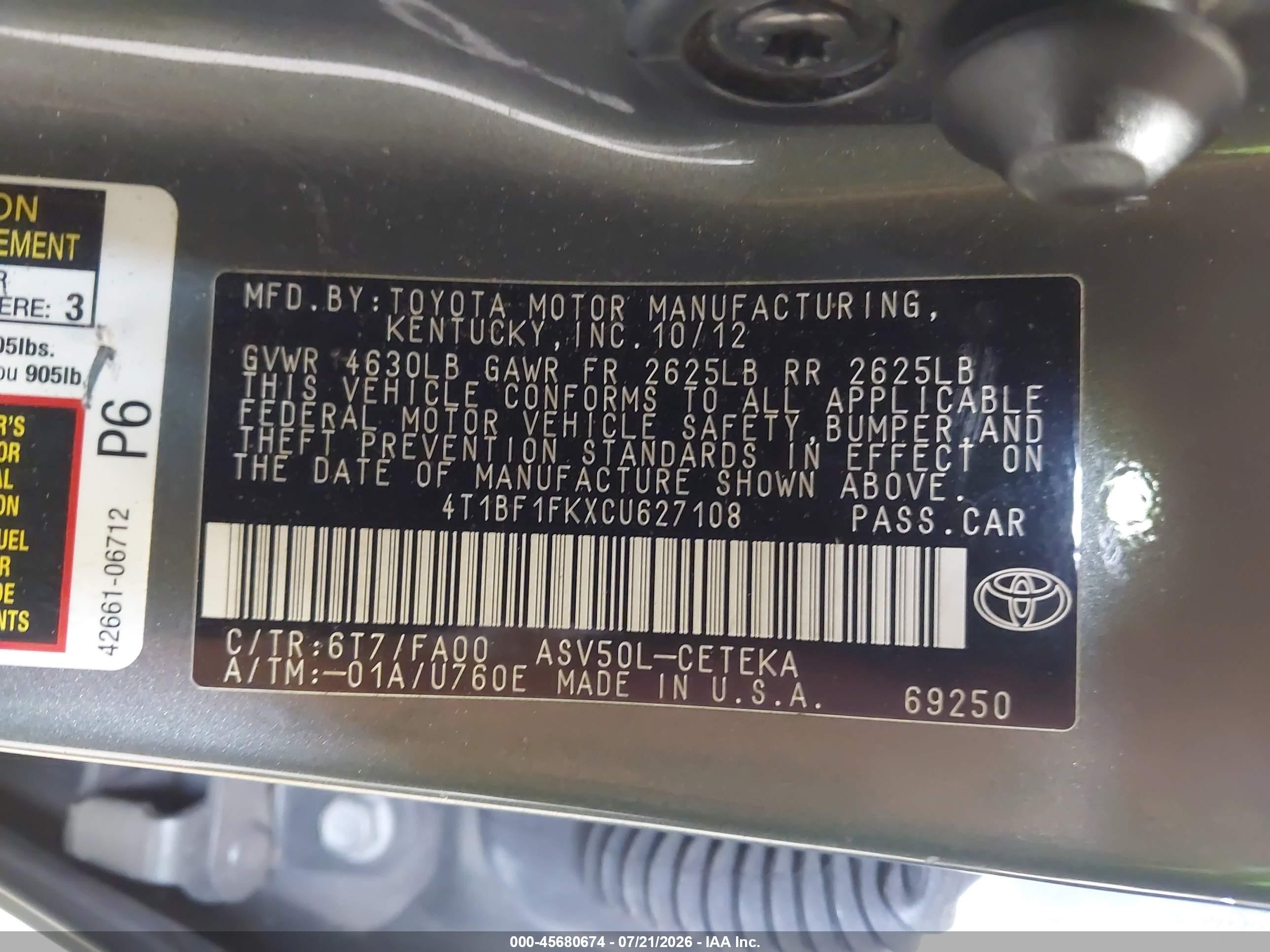 2012 Toyota Camry L Green vin: 4T1BF1FKXCU627108