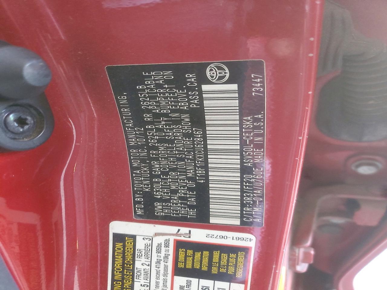 2012 Toyota Camry Se Red vin: 4T1BF1FKXCU628467