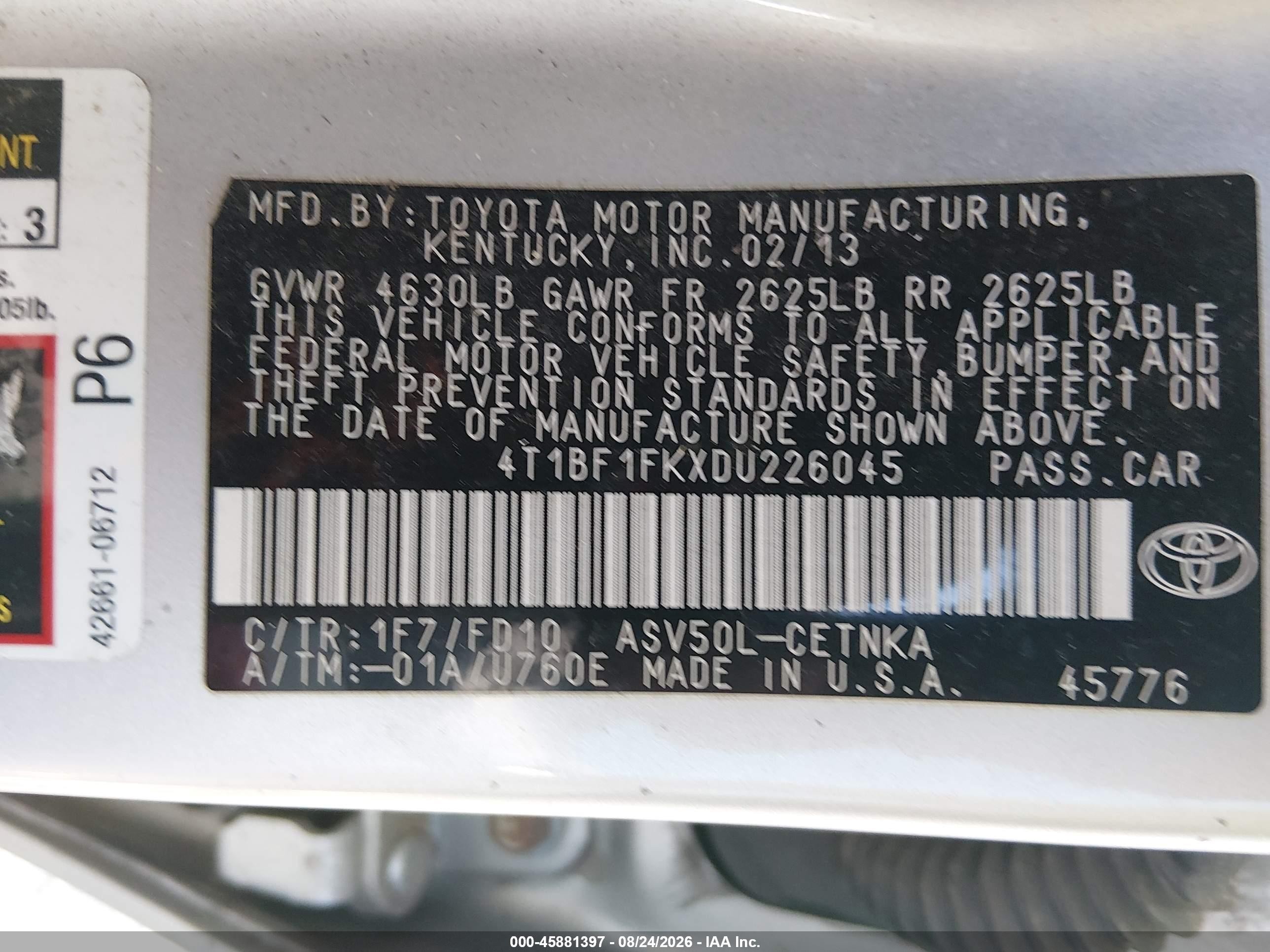 2013 Toyota Camry Le Gray vin: 4T1BF1FKXDU226045