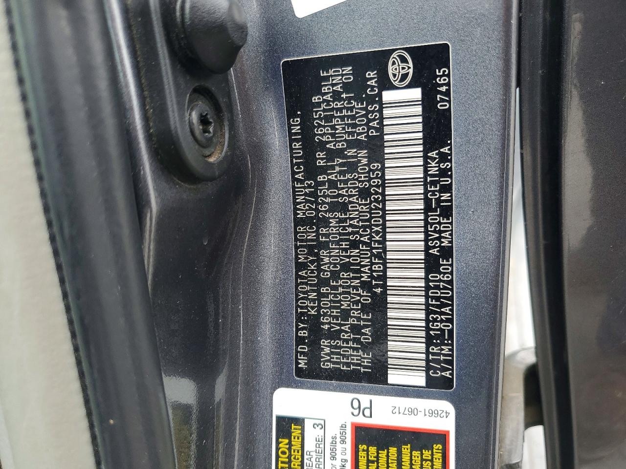 2013 Toyota Camry Le Серый vin: 4T1BF1FKXDU232959