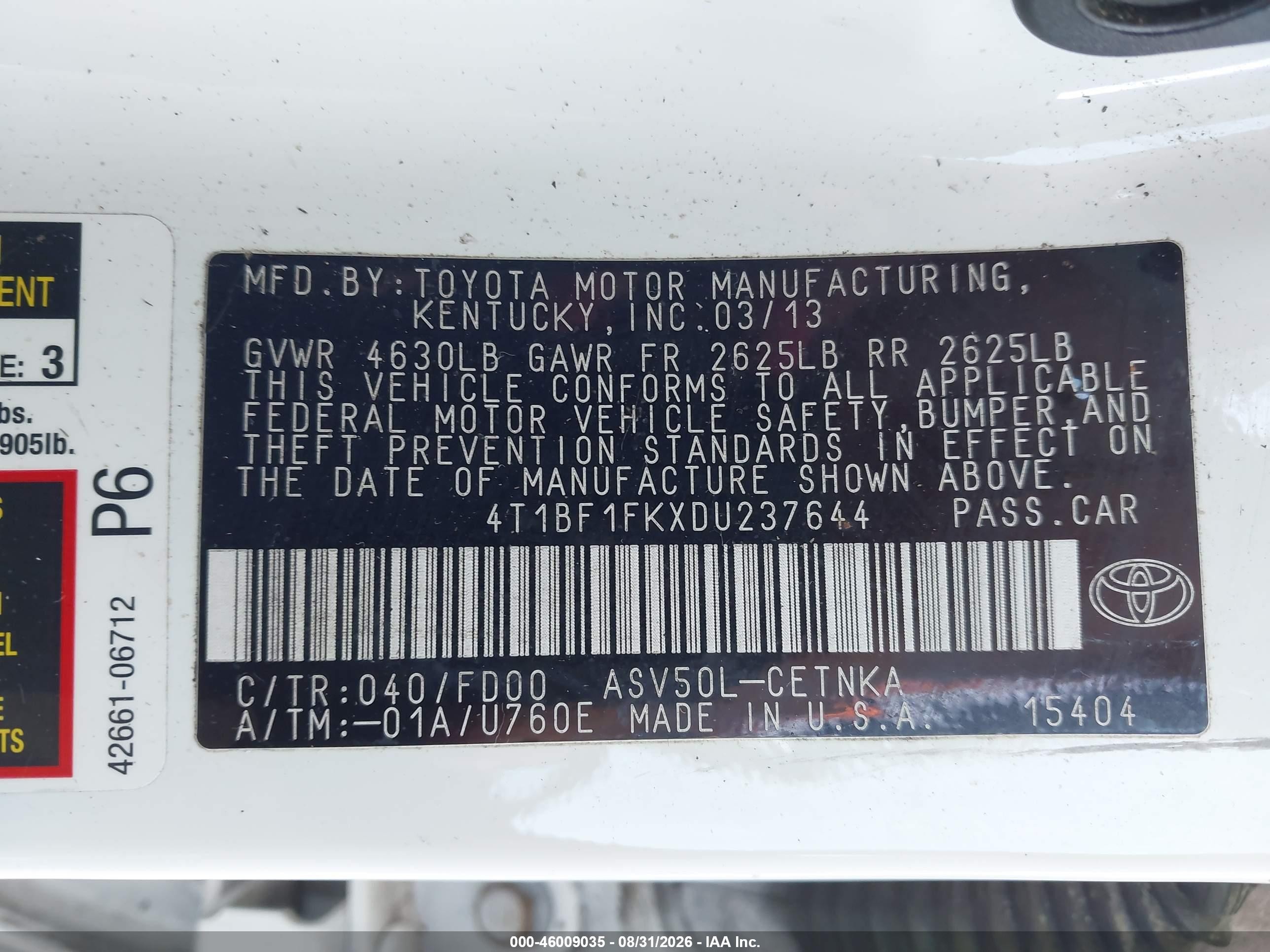 2013 Toyota Camry Le White vin: 4T1BF1FKXDU237644
