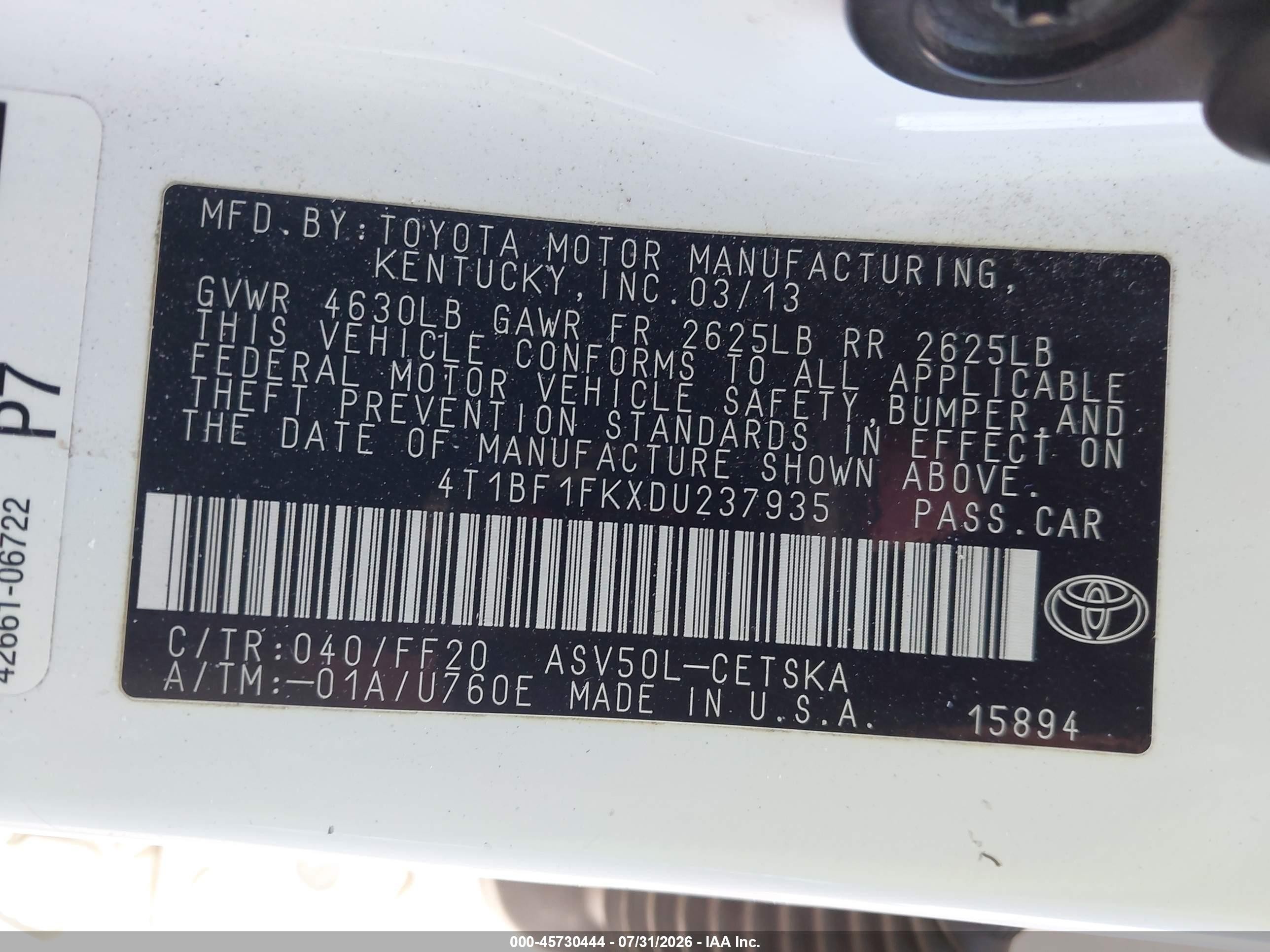 2013 Toyota Camry Se White vin: 4T1BF1FKXDU237935
