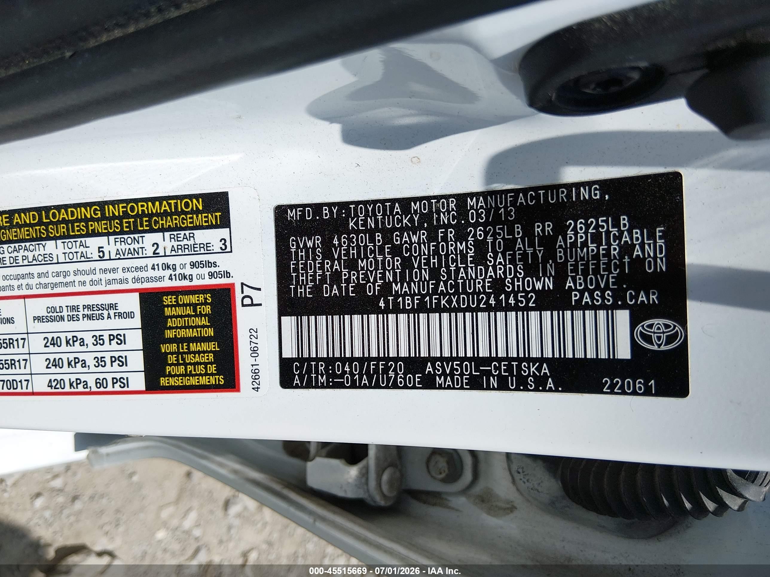 2013 Toyota Camry Se White vin: 4T1BF1FKXDU241452