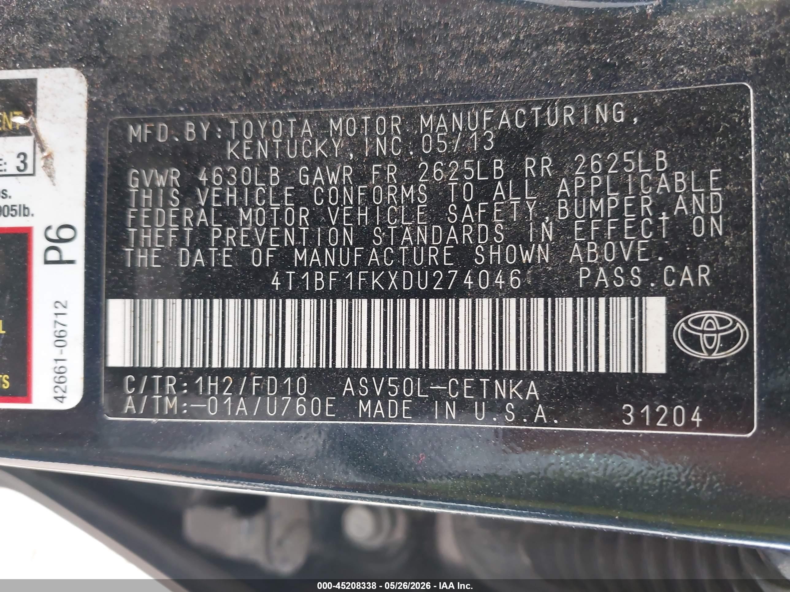 2013 Toyota Camry Le Blue vin: 4T1BF1FKXDU274046
