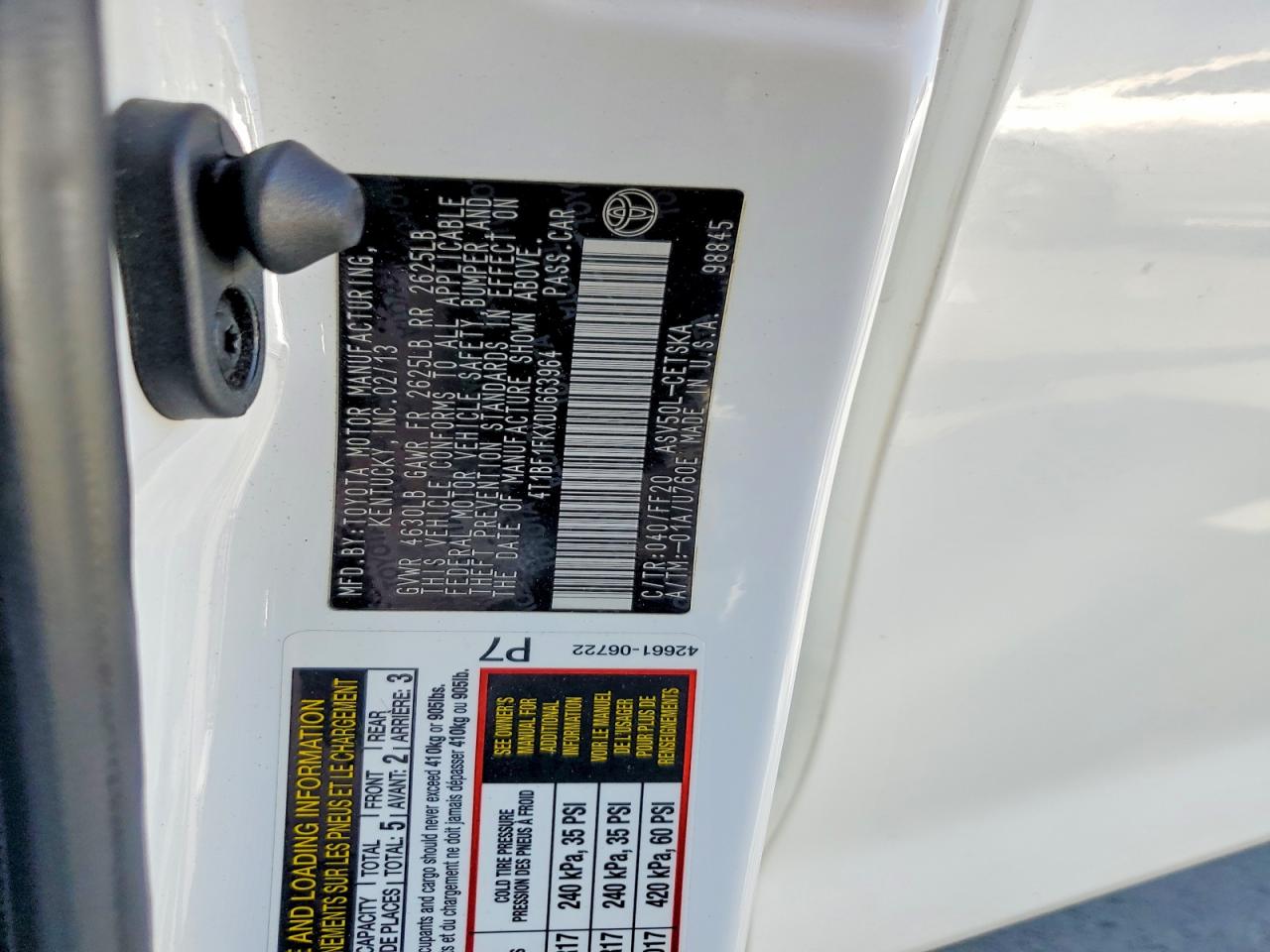 2013 Toyota Camry Se White vin: 4T1BF1FKXDU663964
