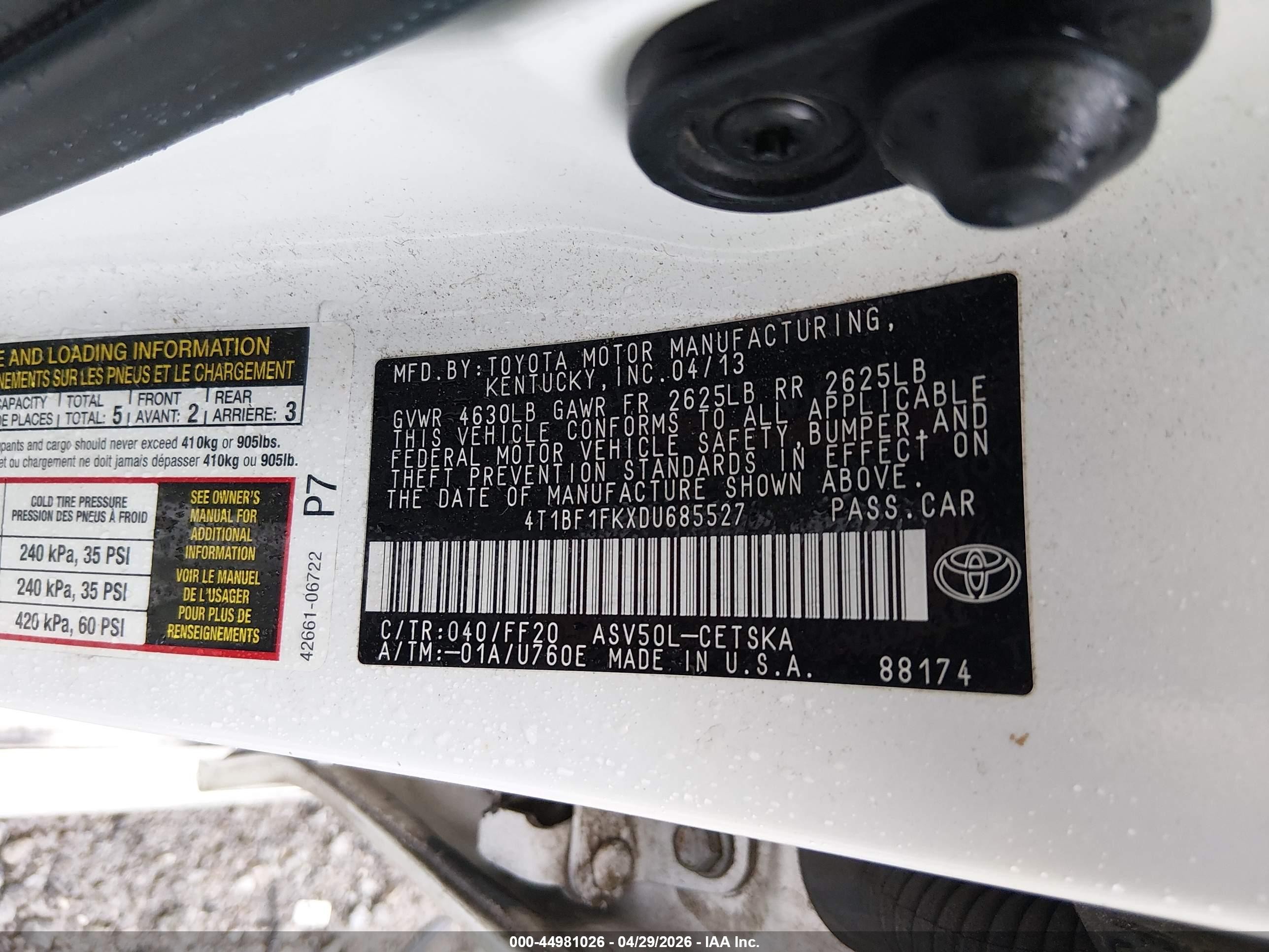 2013 Toyota Camry Se White vin: 4T1BF1FKXDU685527