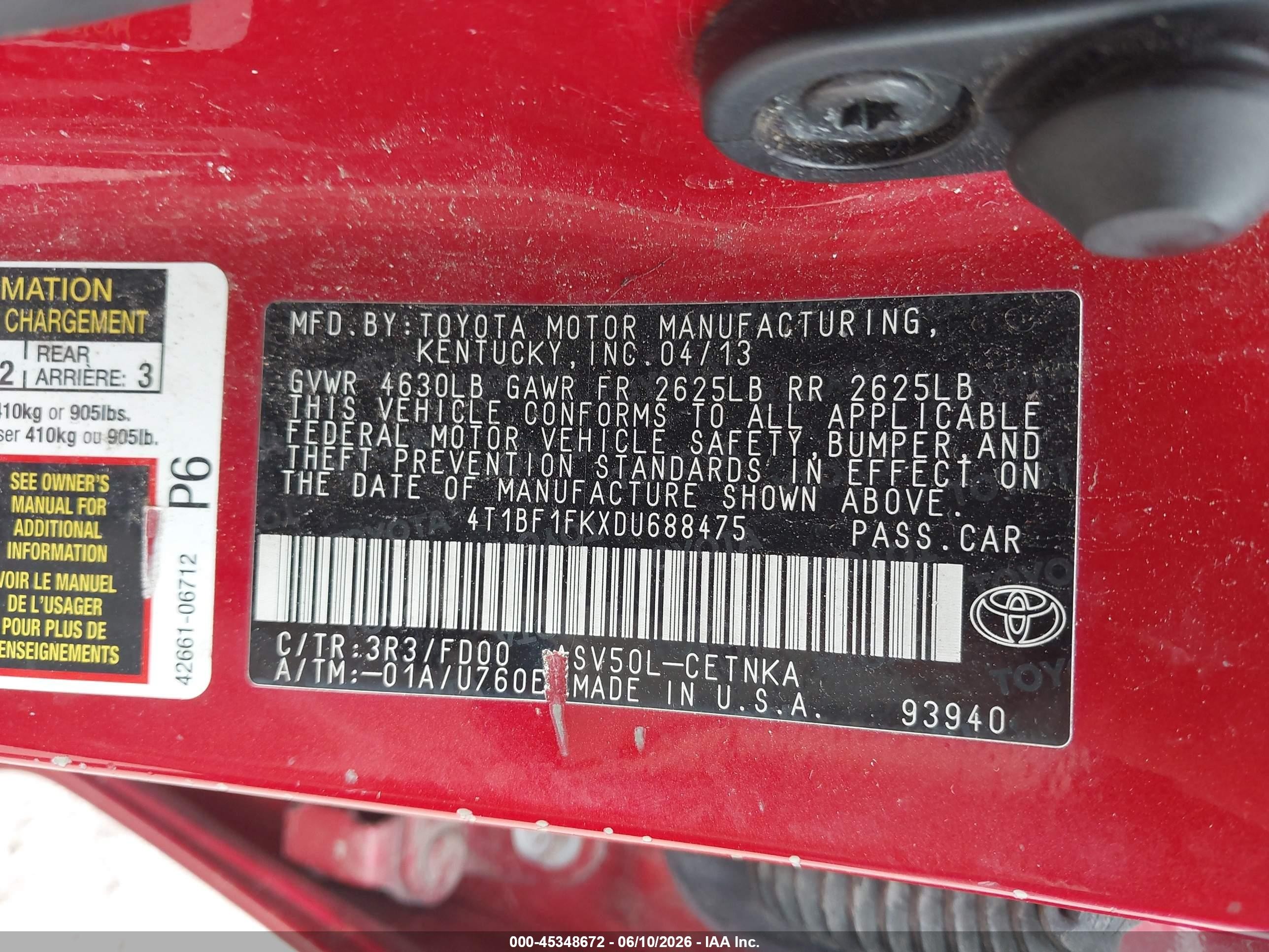 2013 Toyota Camry Le Red vin: 4T1BF1FKXDU688475