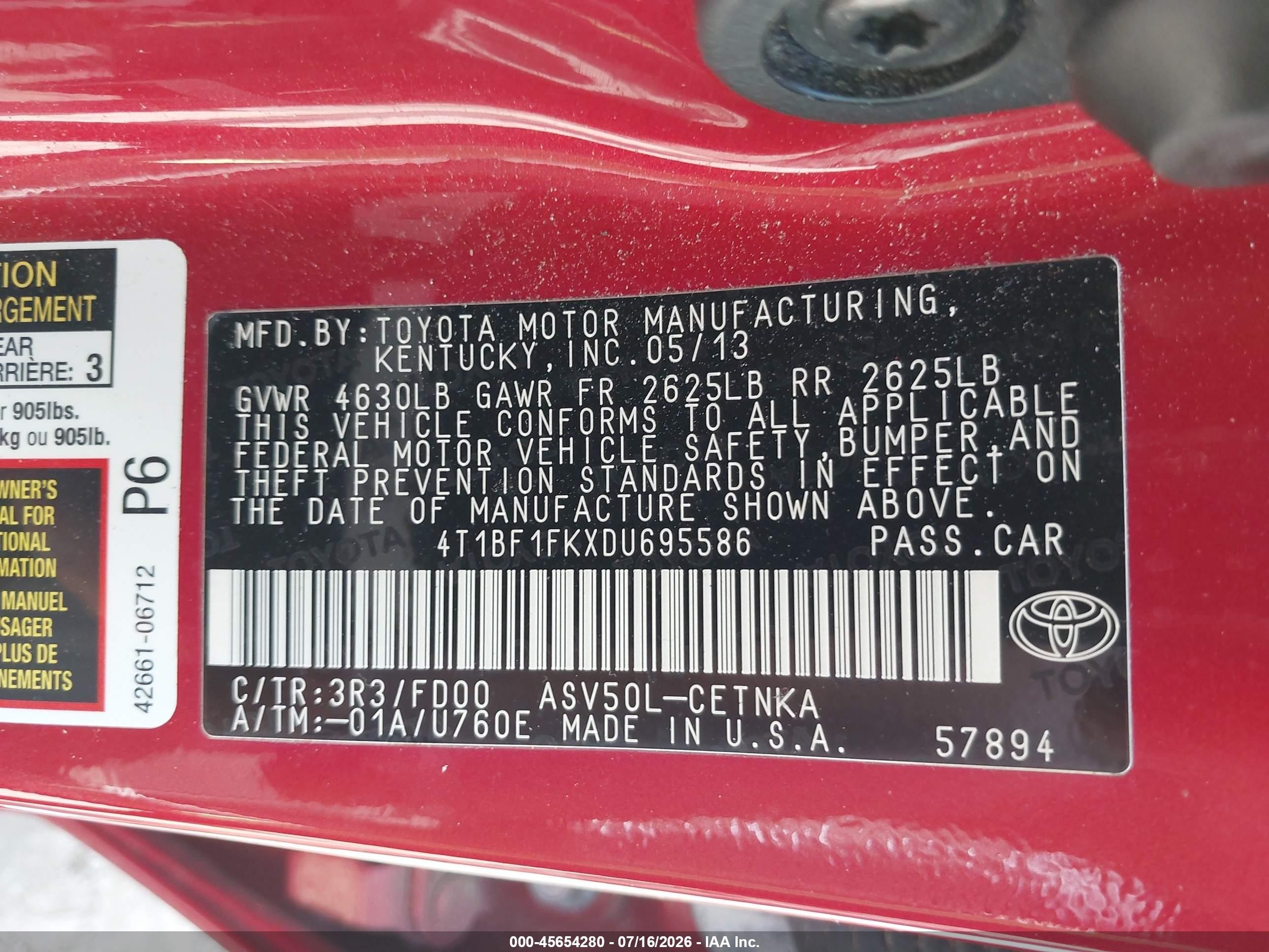 2013 Toyota Camry Le Red vin: 4T1BF1FKXDU695586