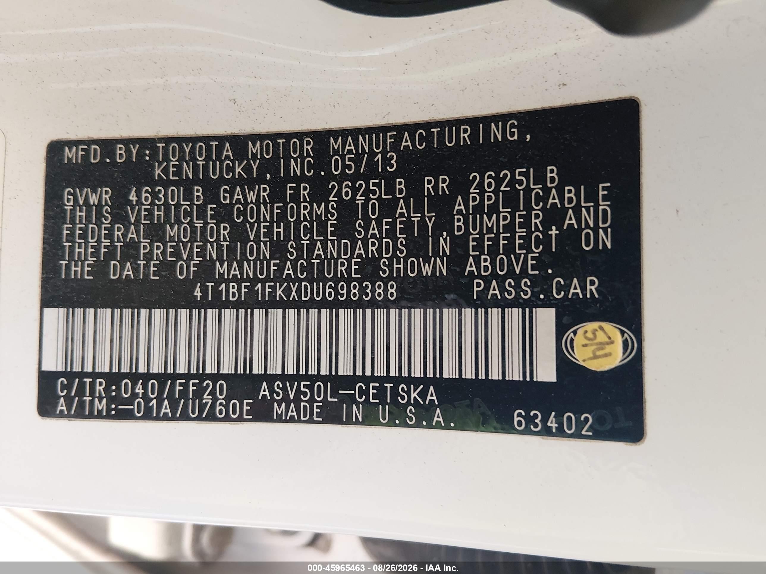 2013 Toyota Camry Se White vin: 4T1BF1FKXDU698388