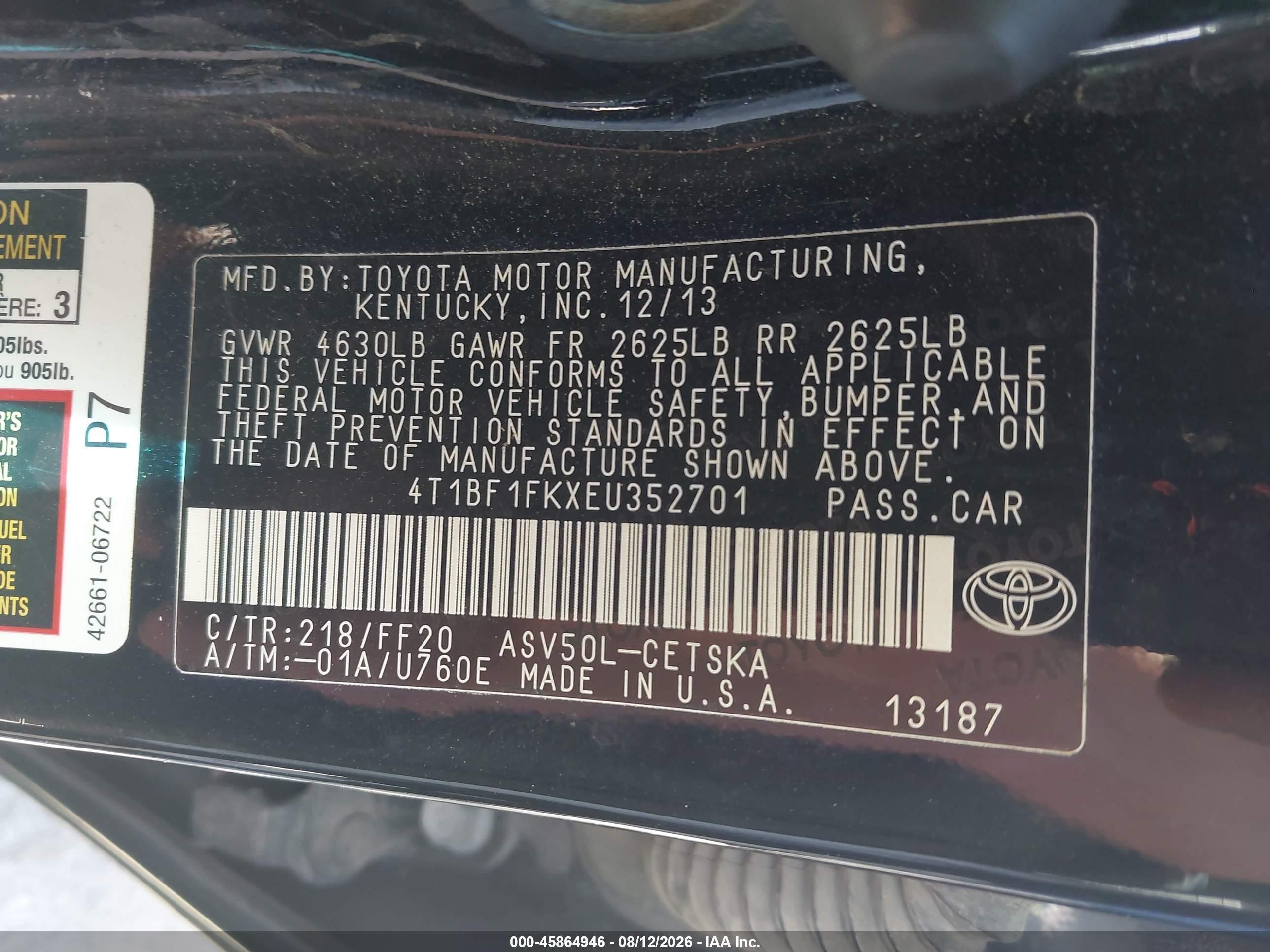 2014 Toyota Camry Se Black vin: 4T1BF1FKXEU352701