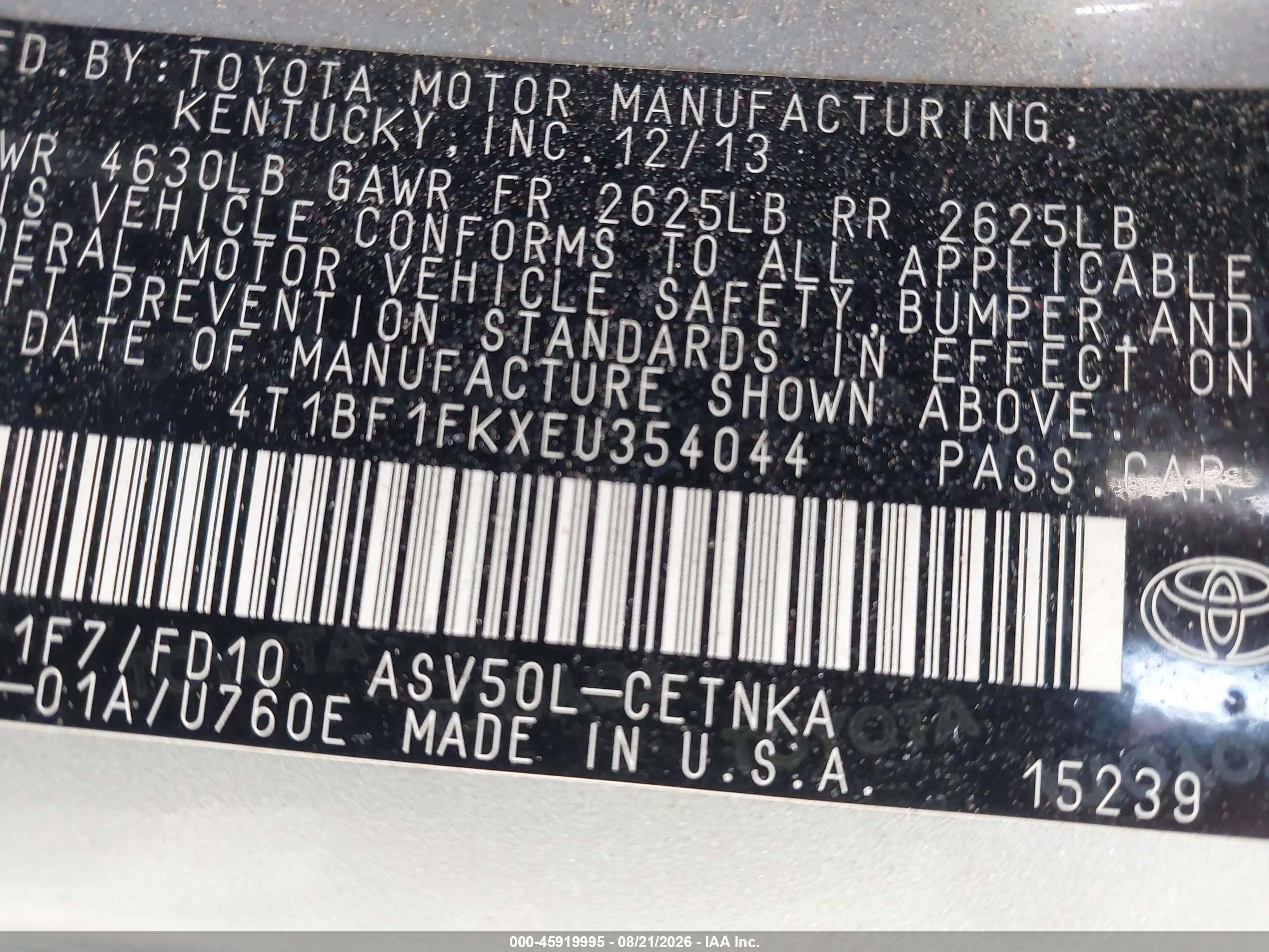 2014 Toyota Camry Le Silver vin: 4T1BF1FKXEU354044