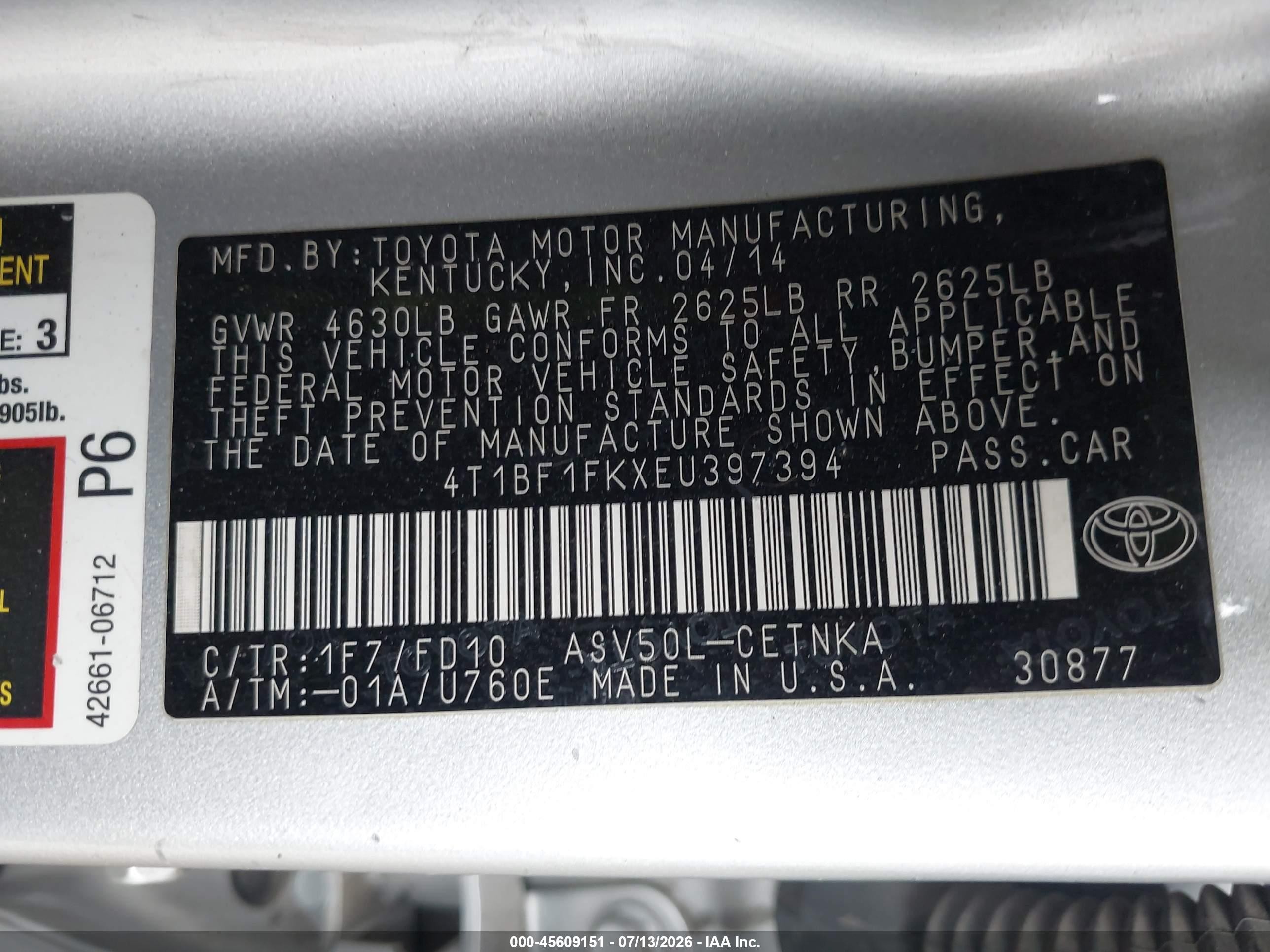 2014 Toyota Camry Le Silver vin: 4T1BF1FKXEU397394