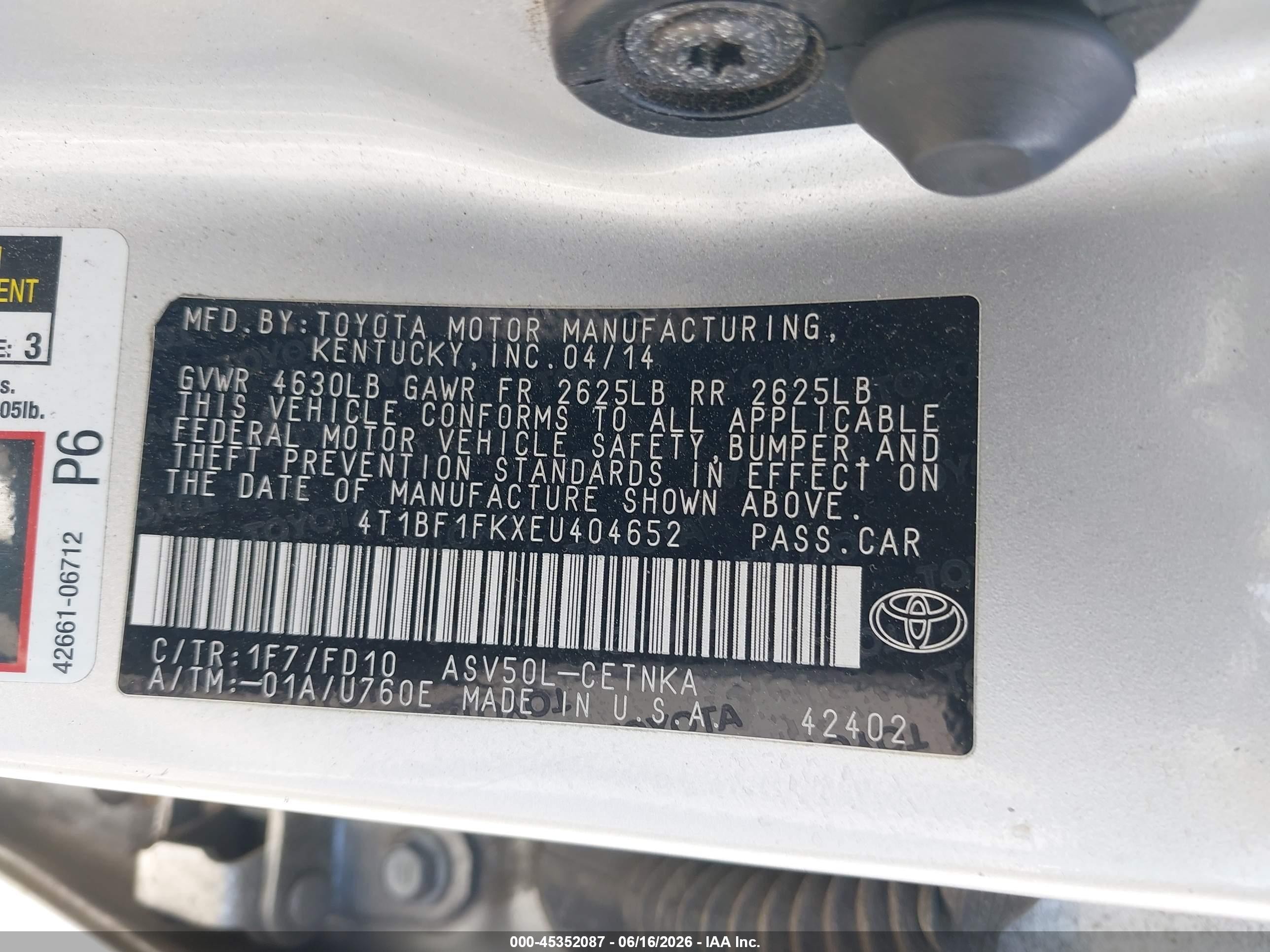 2014 Toyota Camry Le Silver vin: 4T1BF1FKXEU404652