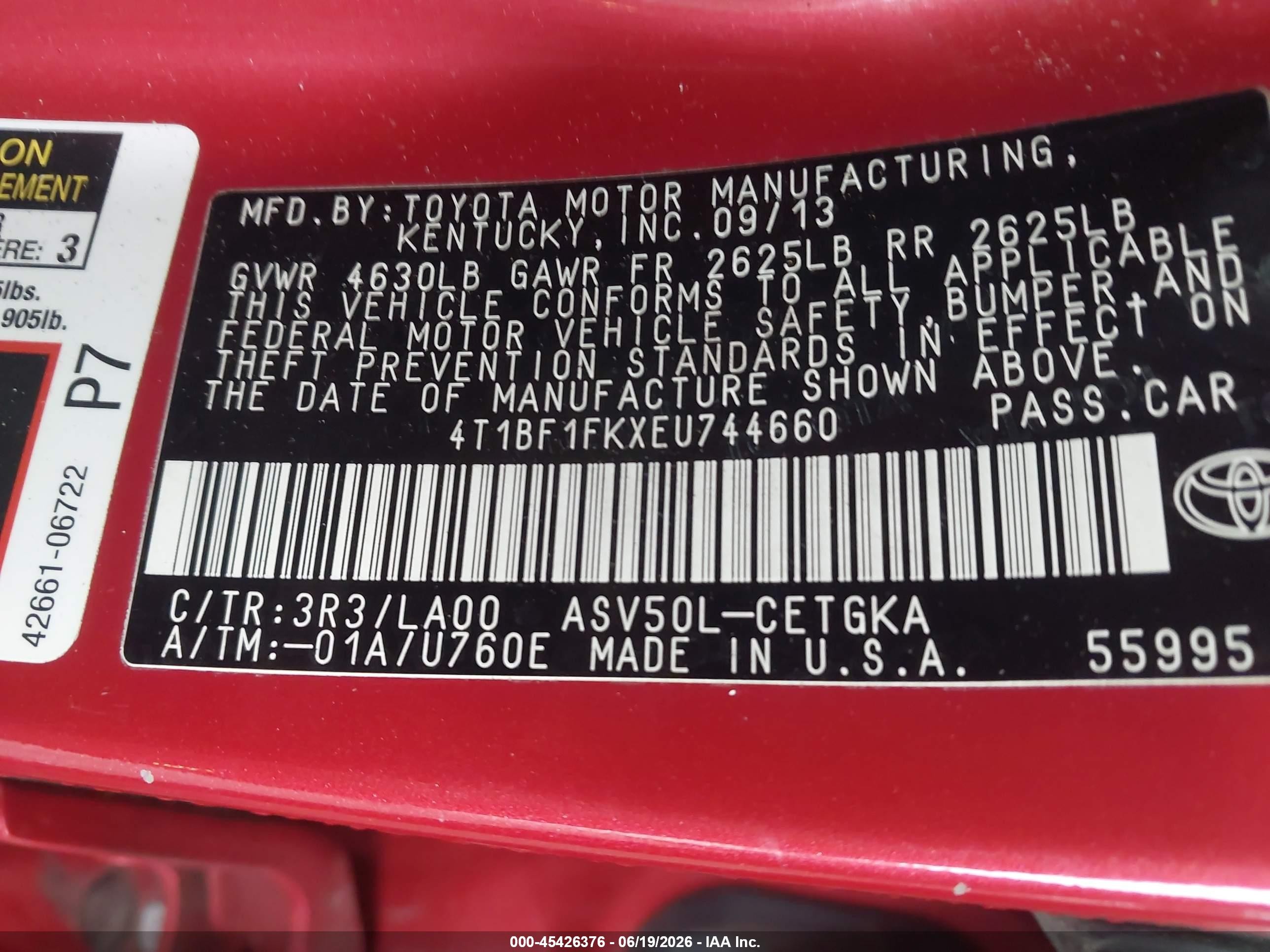 2014 Toyota Camry Xle Red vin: 4T1BF1FKXEU744660