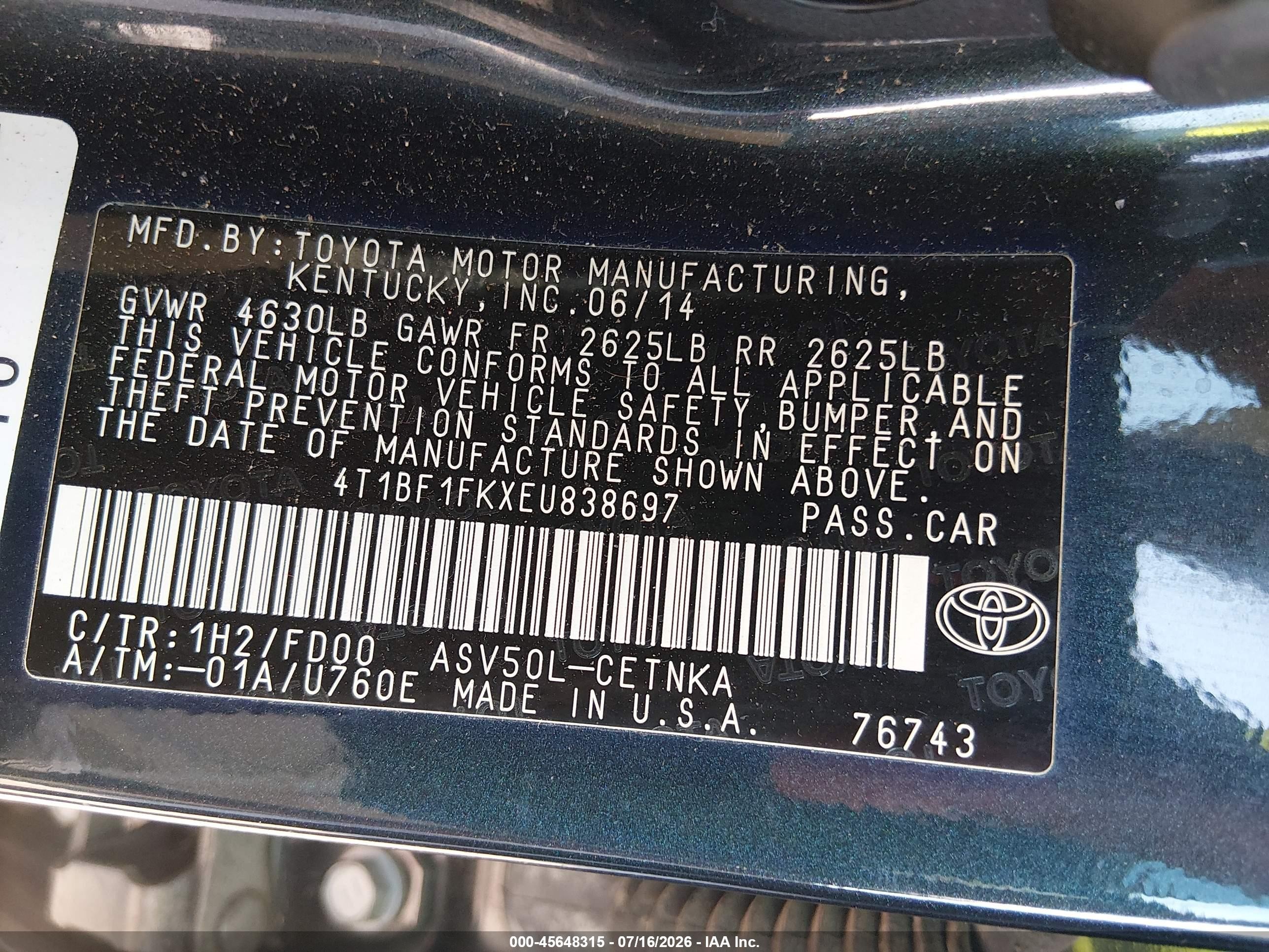2014 Toyota Camry Le Black vin: 4T1BF1FKXEU838697