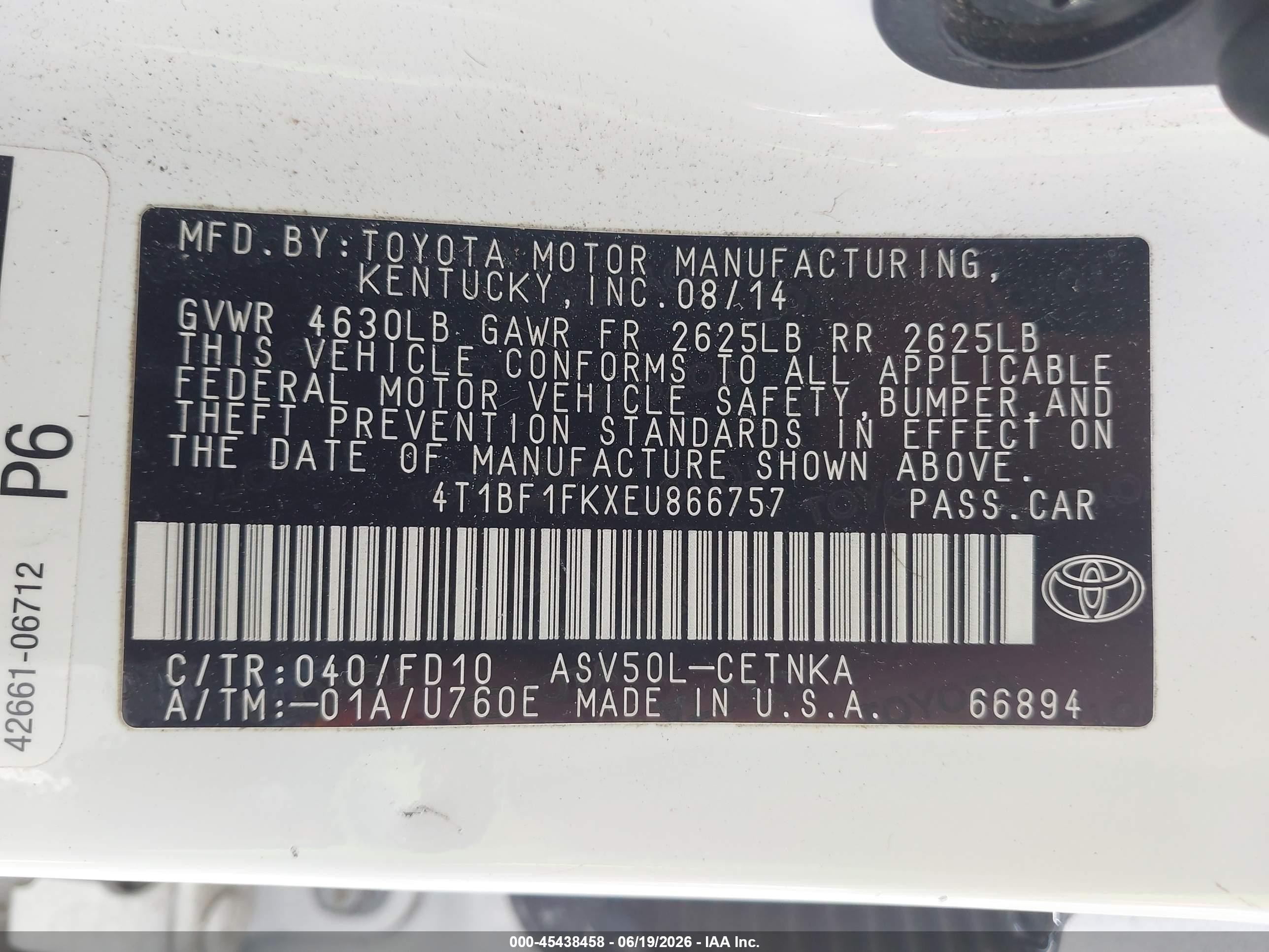 2014 Toyota Camry Le White vin: 4T1BF1FKXEU866757
