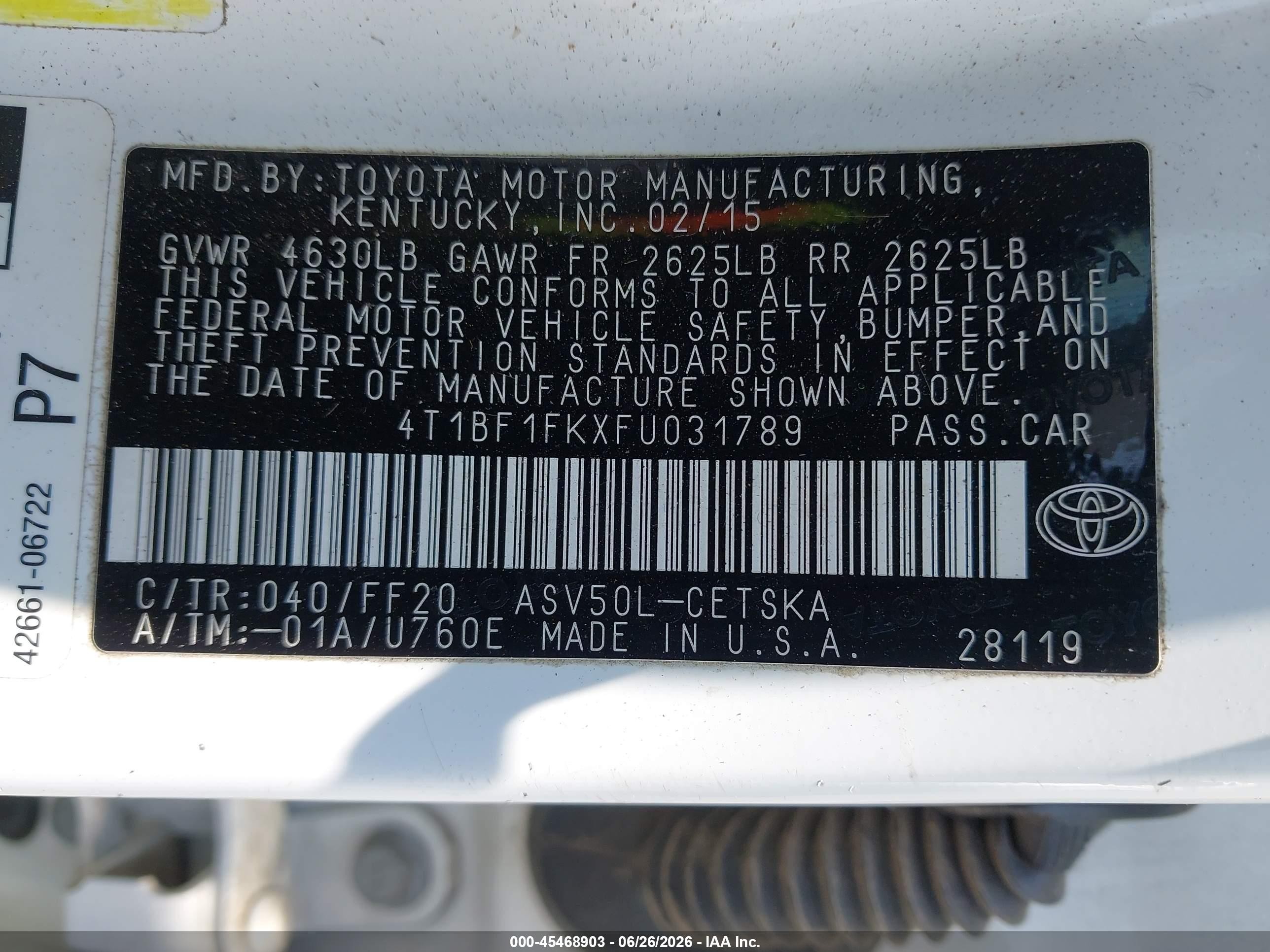 2015 Toyota Camry Se White vin: 4T1BF1FKXFU031789