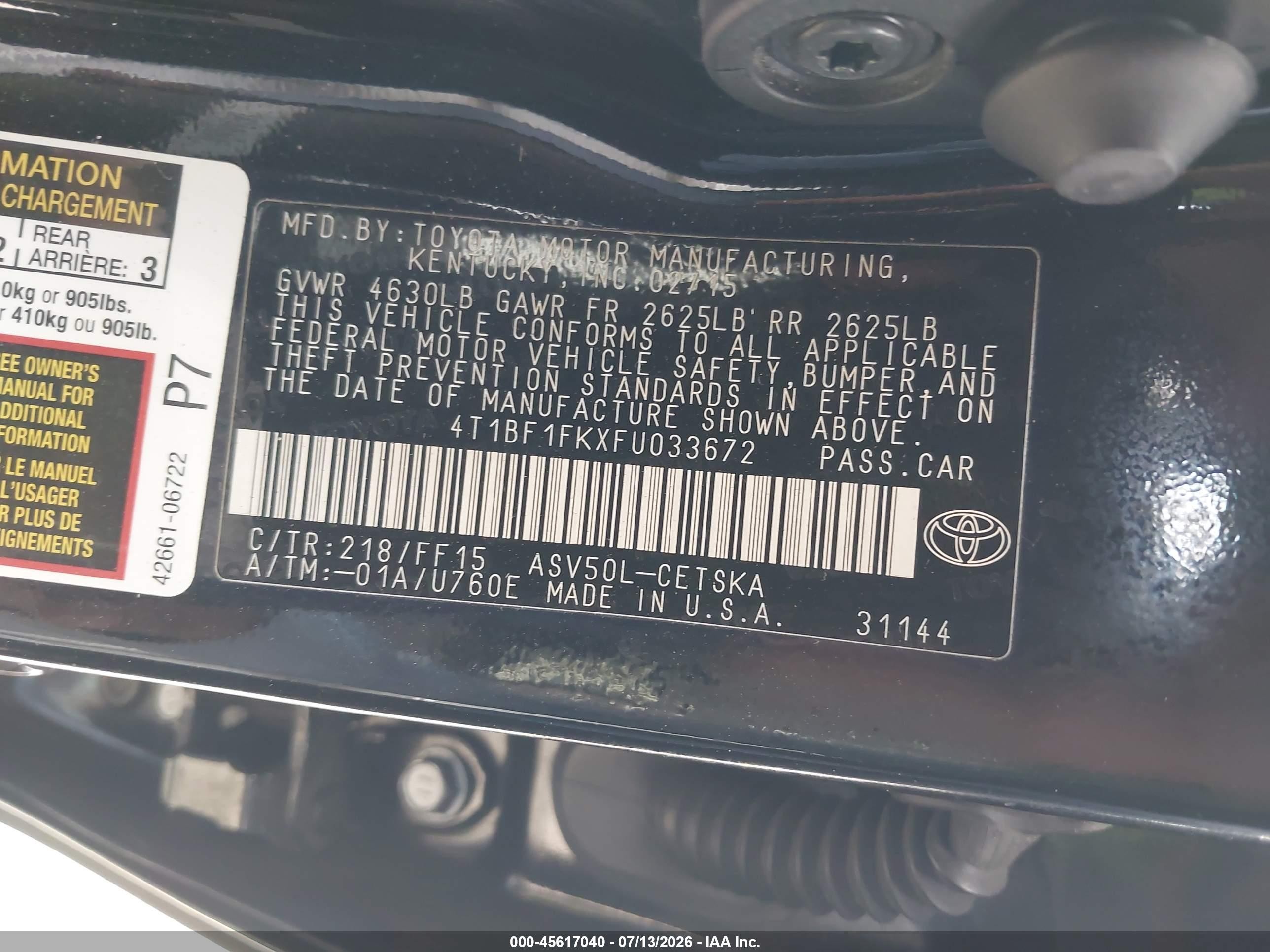 2015 Toyota Camry Se Черный vin: 4T1BF1FKXFU033672
