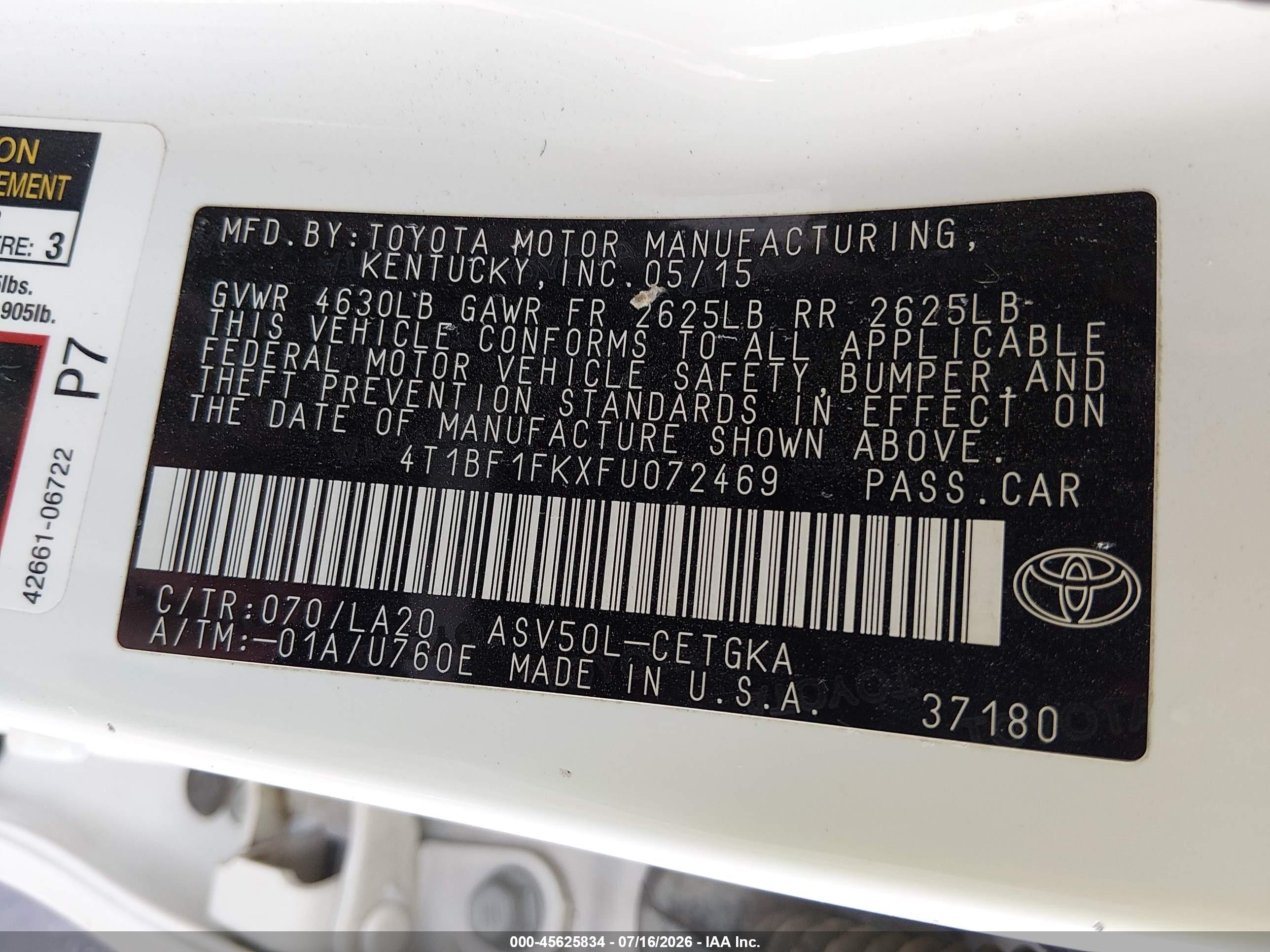 2015 Toyota Camry Xle Белый vin: 4T1BF1FKXFU072469