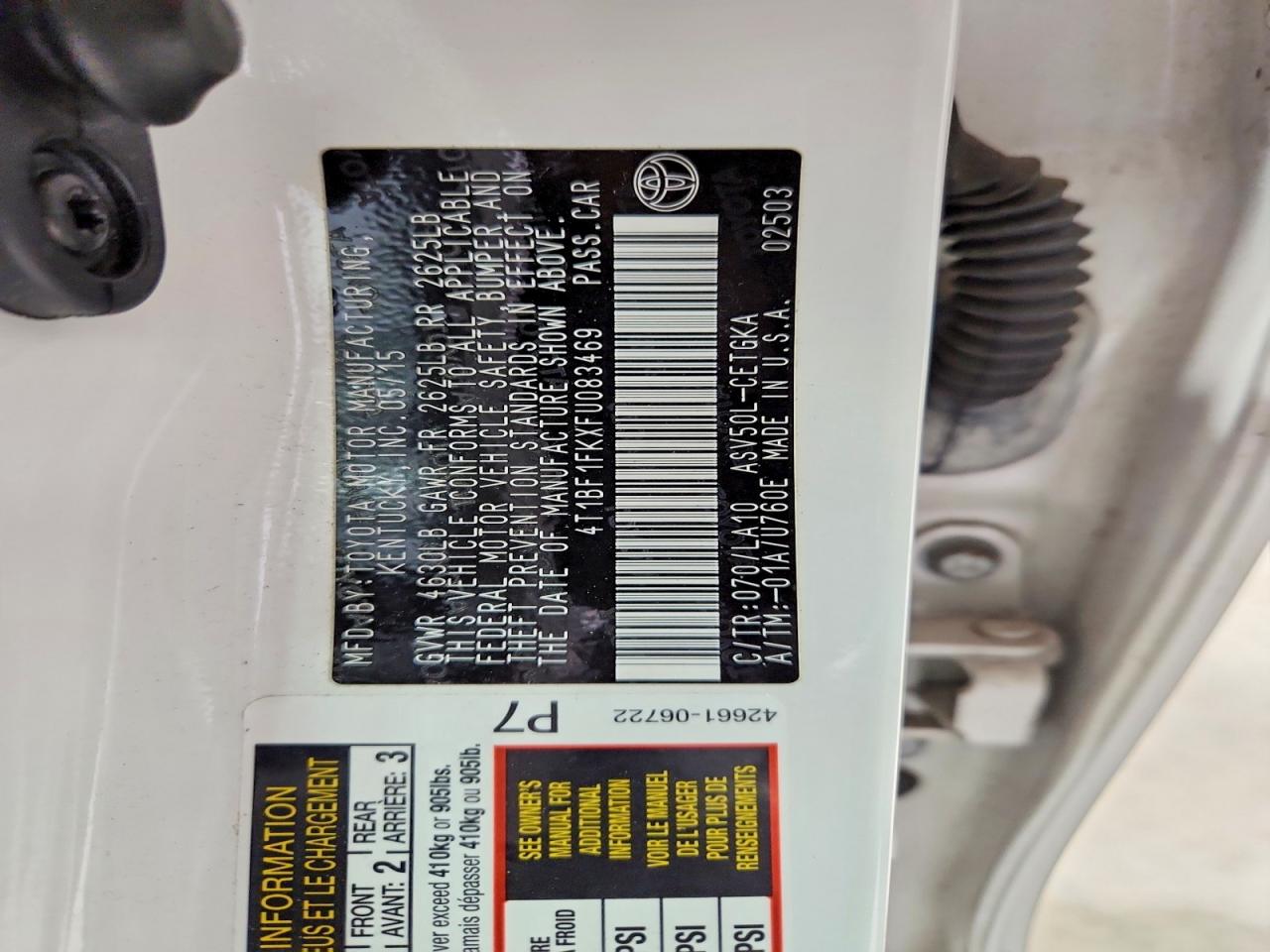 2015 Toyota Camry Xle White vin: 4T1BF1FKXFU083469