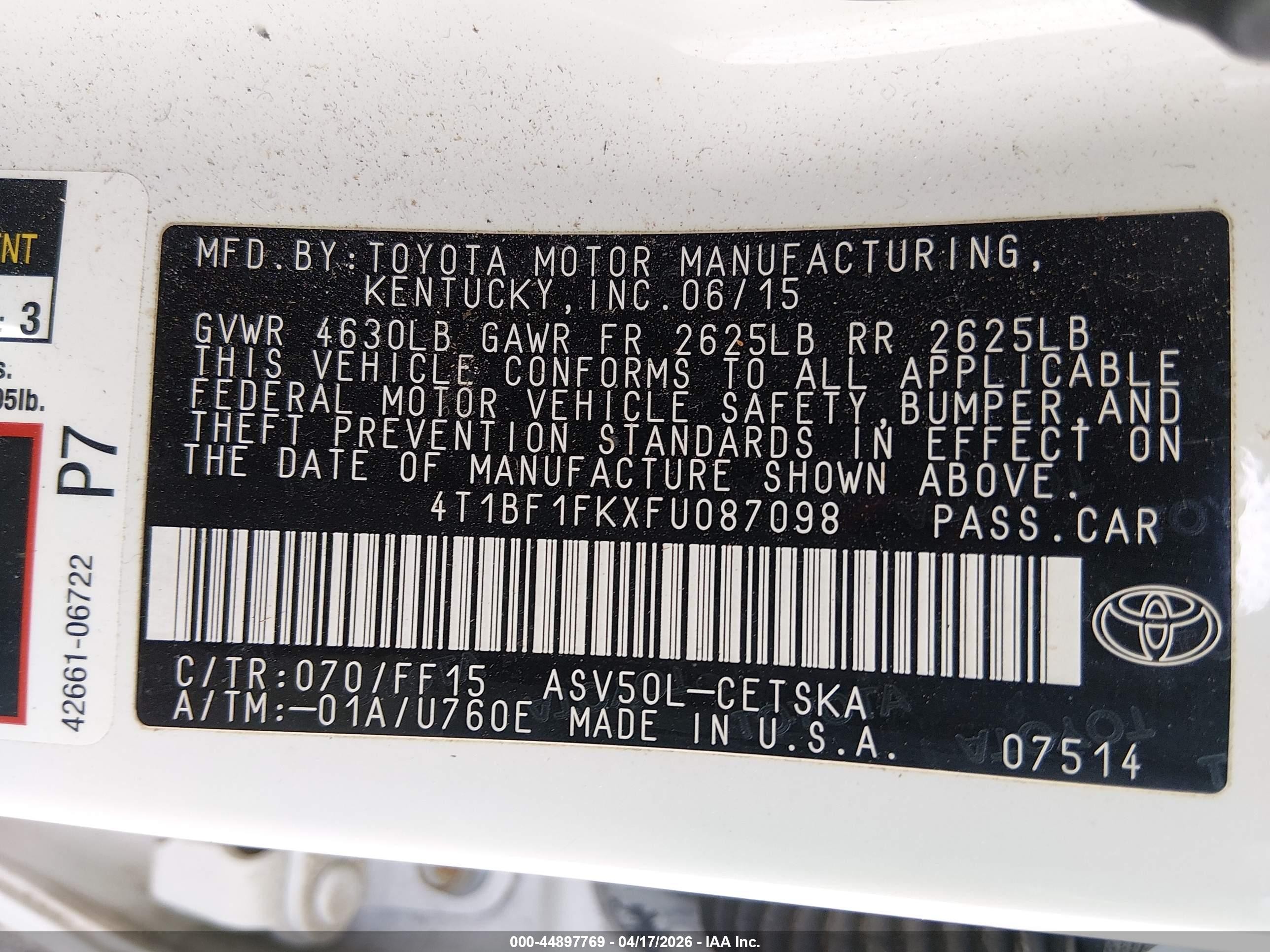 2015 Toyota Camry Se White vin: 4T1BF1FKXFU087098