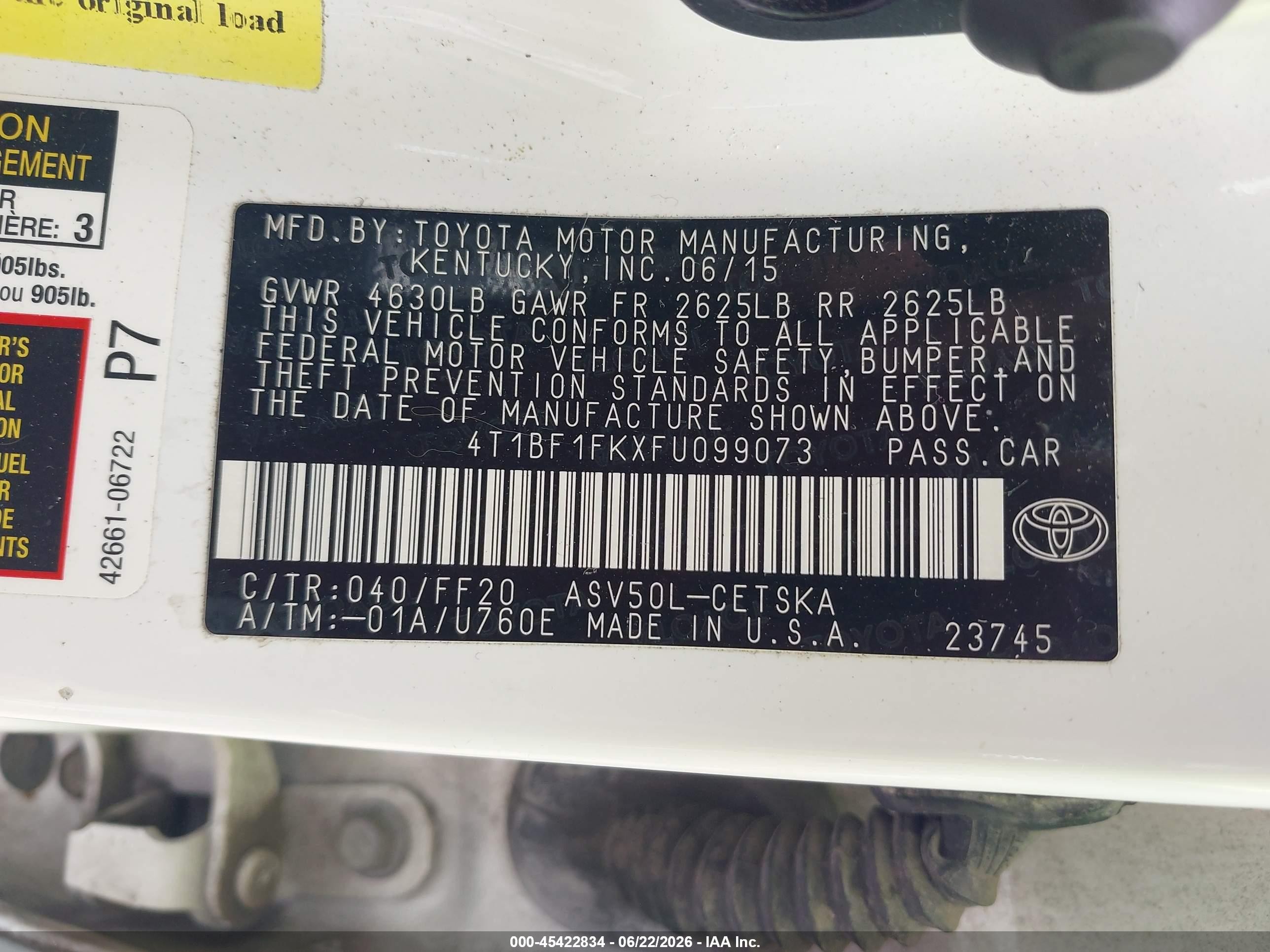 2015 Toyota Camry Se White vin: 4T1BF1FKXFU099073