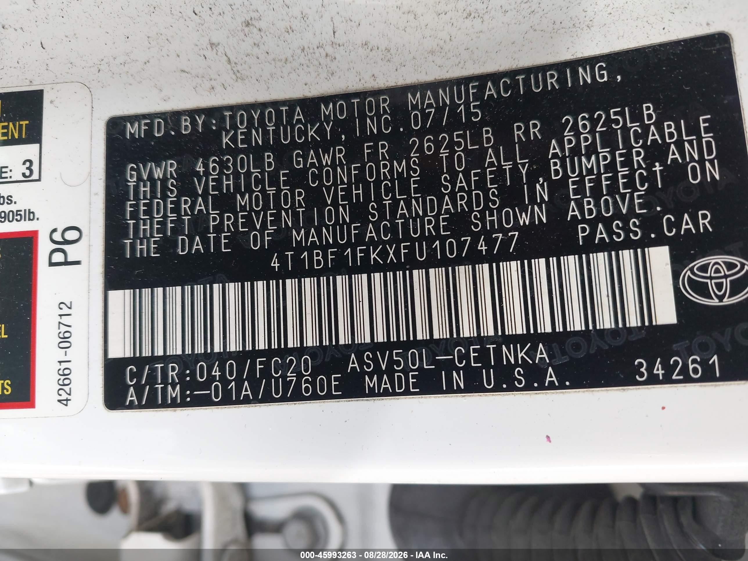 2015 Toyota Camry Le Белый vin: 4T1BF1FKXFU107477