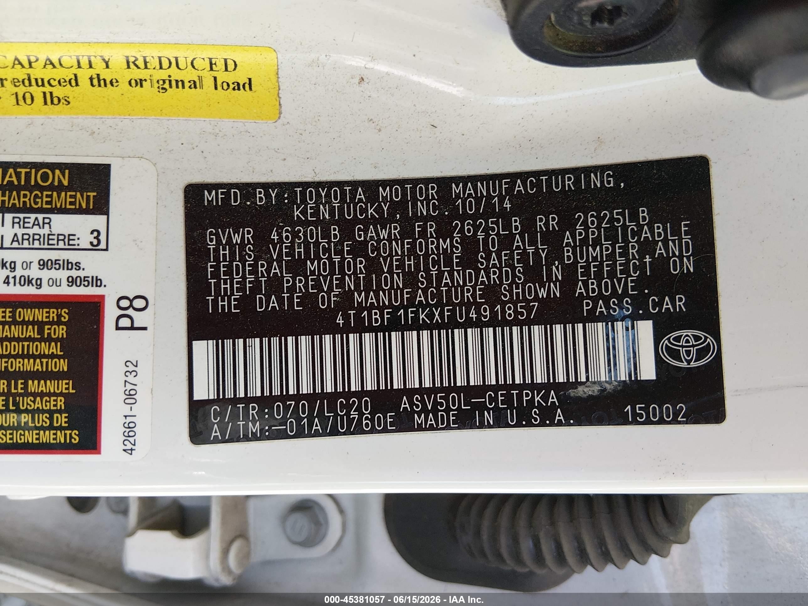 2015 Toyota Camry Xse White vin: 4T1BF1FKXFU491857