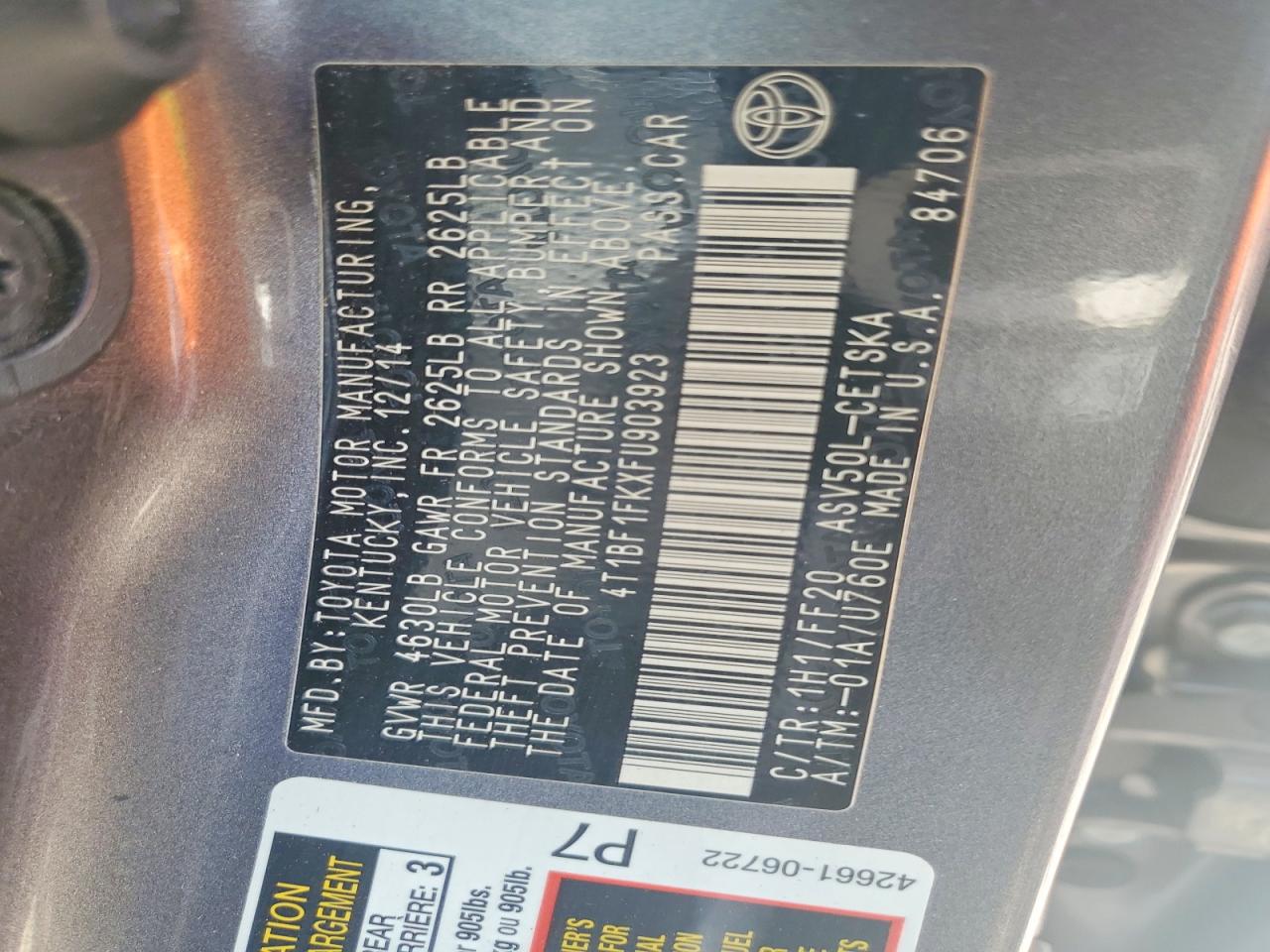 2015 Toyota Camry Se Gray vin: 4T1BF1FKXFU903923