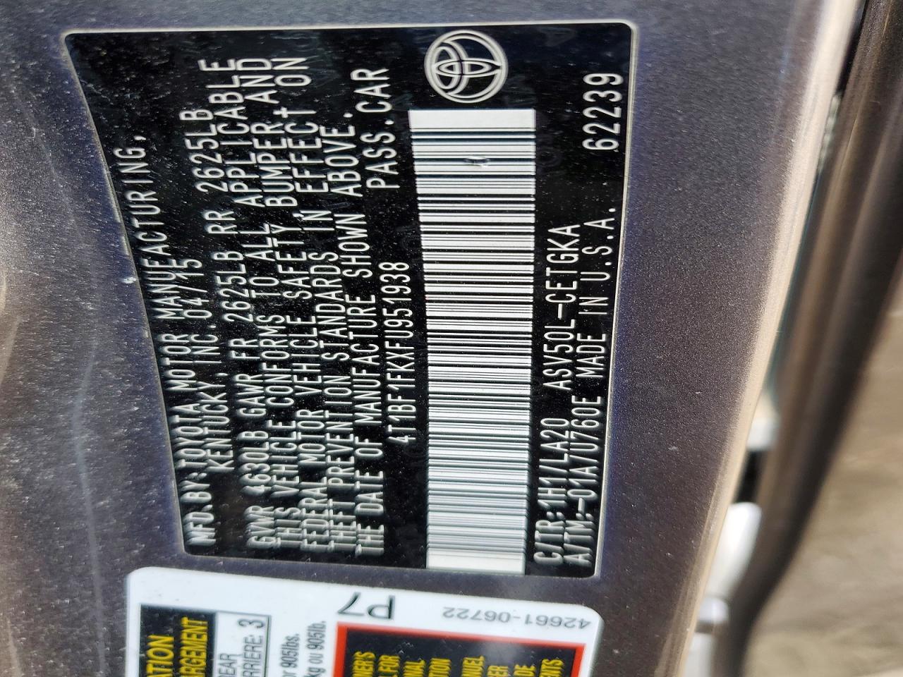 2015 Toyota Camry Xle Gray vin: 4T1BF1FKXFU951938