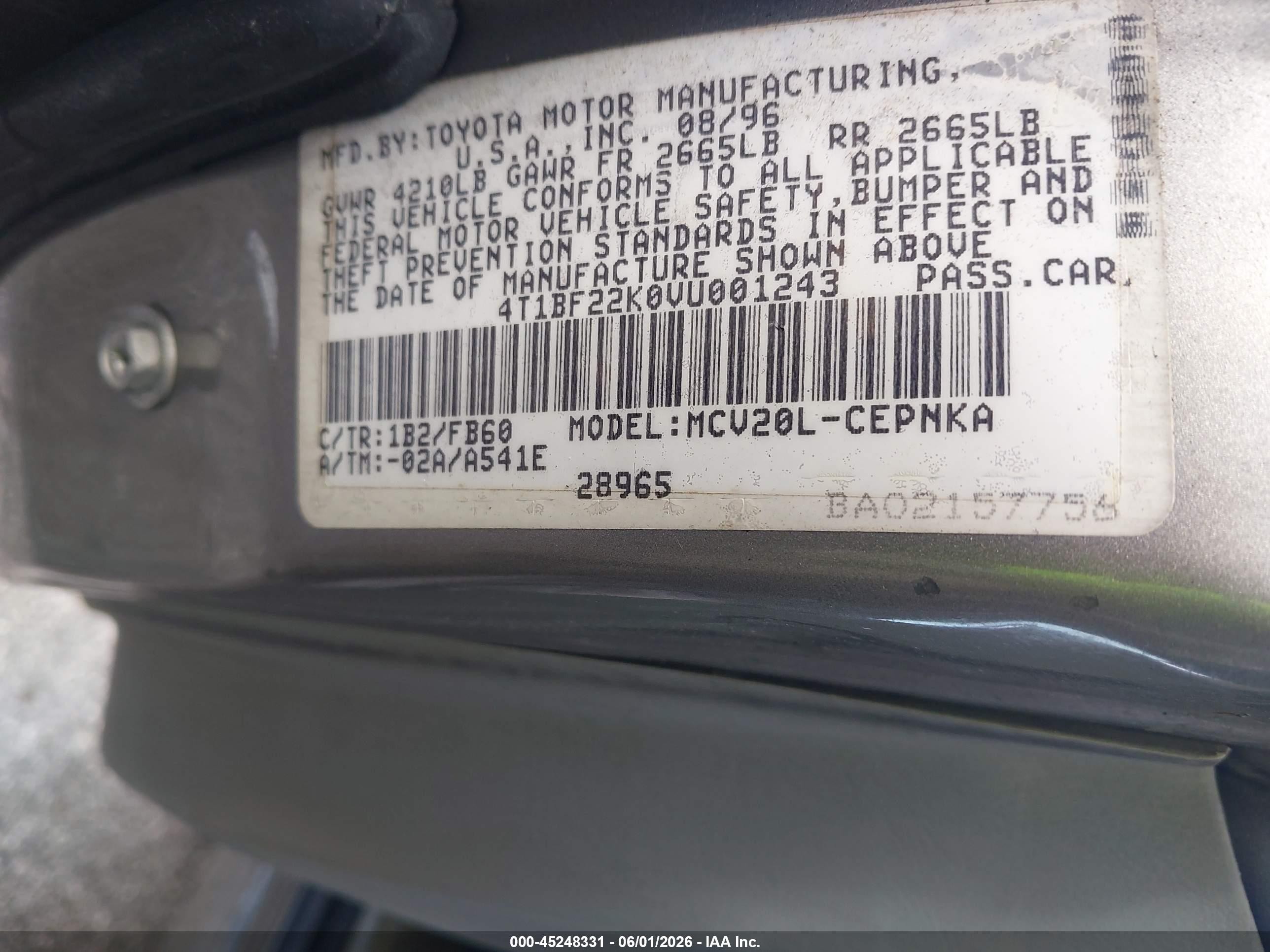 1997 Toyota Camry Le V6 Silver vin: 4T1BF22K0VU001243