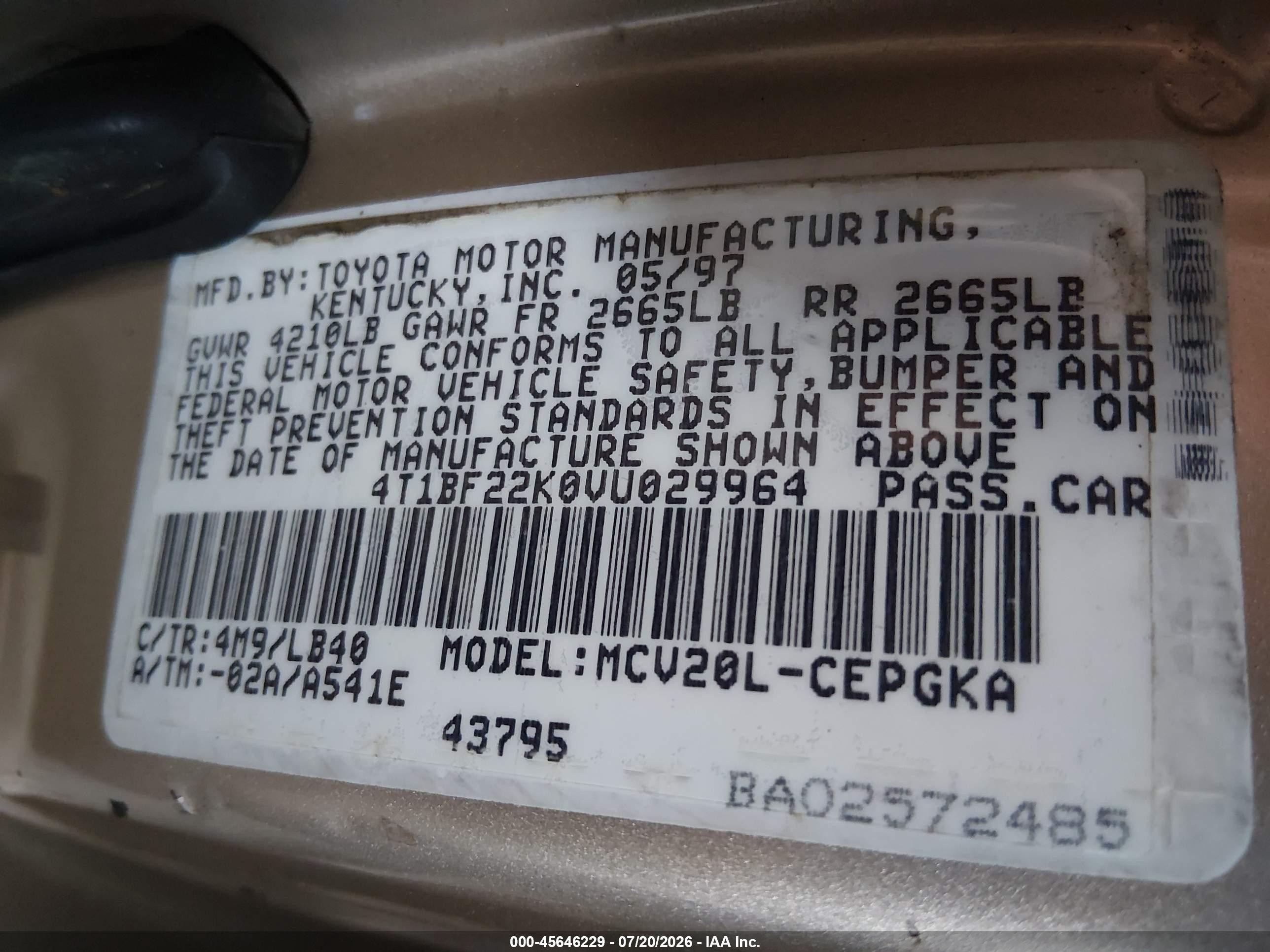 1997 Toyota Camry Xle V6 Silver vin: 4T1BF22K0VU029964