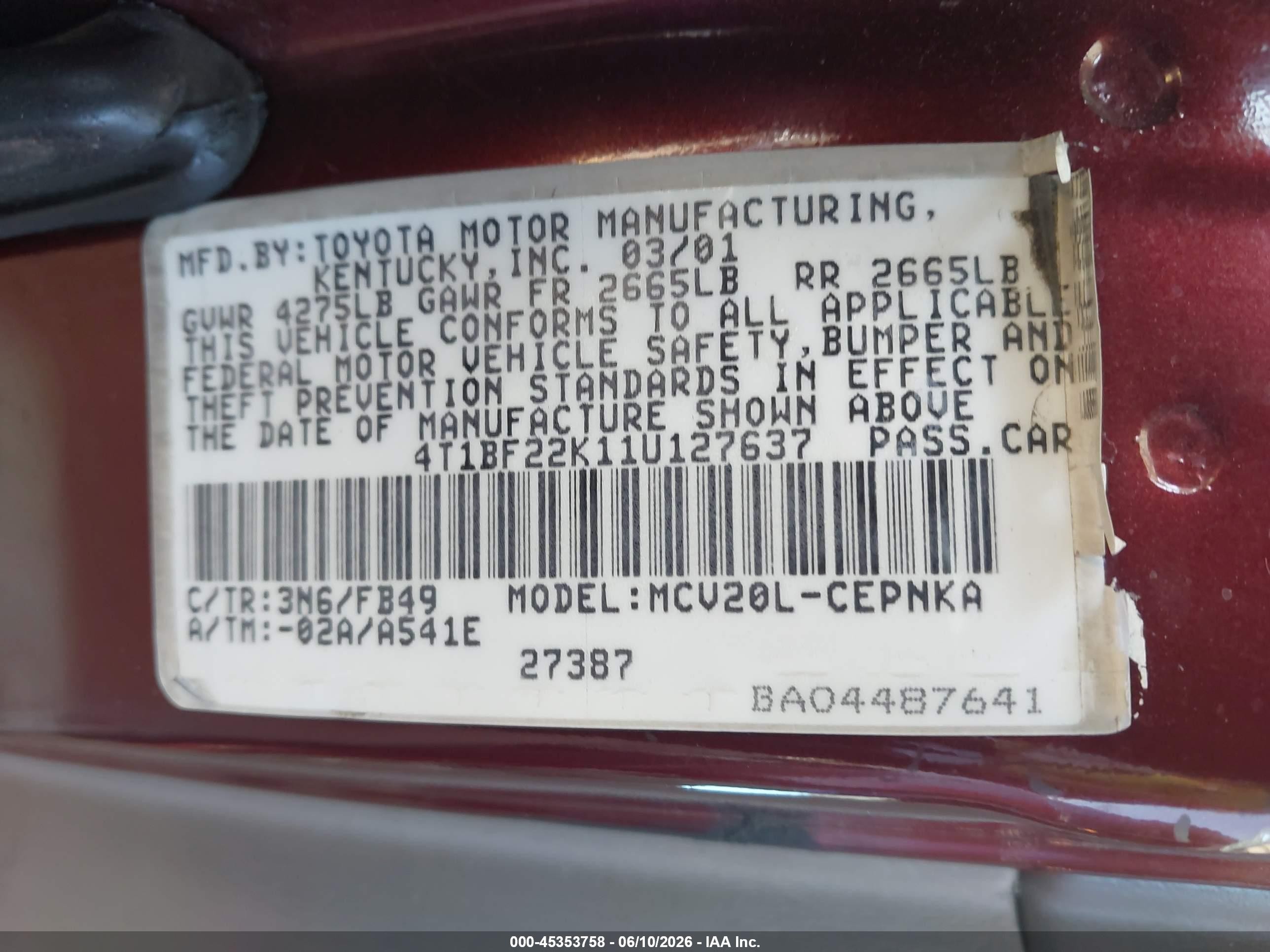 2001 Toyota Camry Le V6 Burgundy vin: 4T1BF22K11U127637