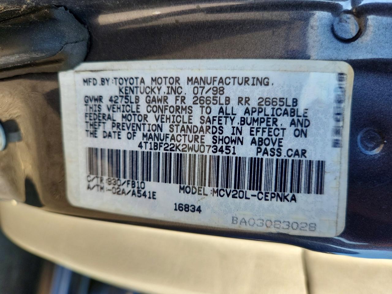 1998 Toyota Camry Le V6 Gray vin: 4T1BF22K2WU073451