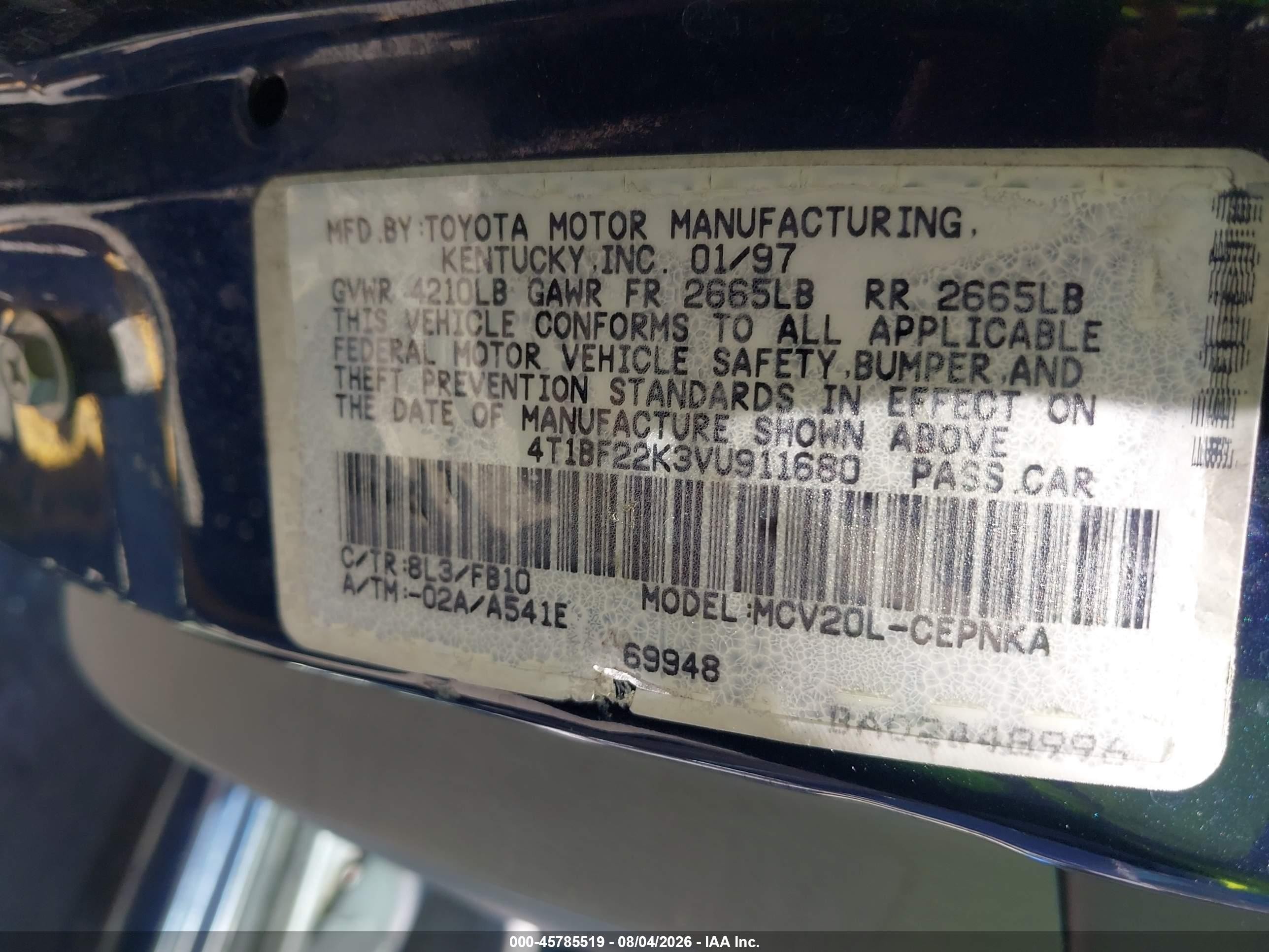 1997 Toyota Camry Le V6 Blue vin: 4T1BF22K3VU911680