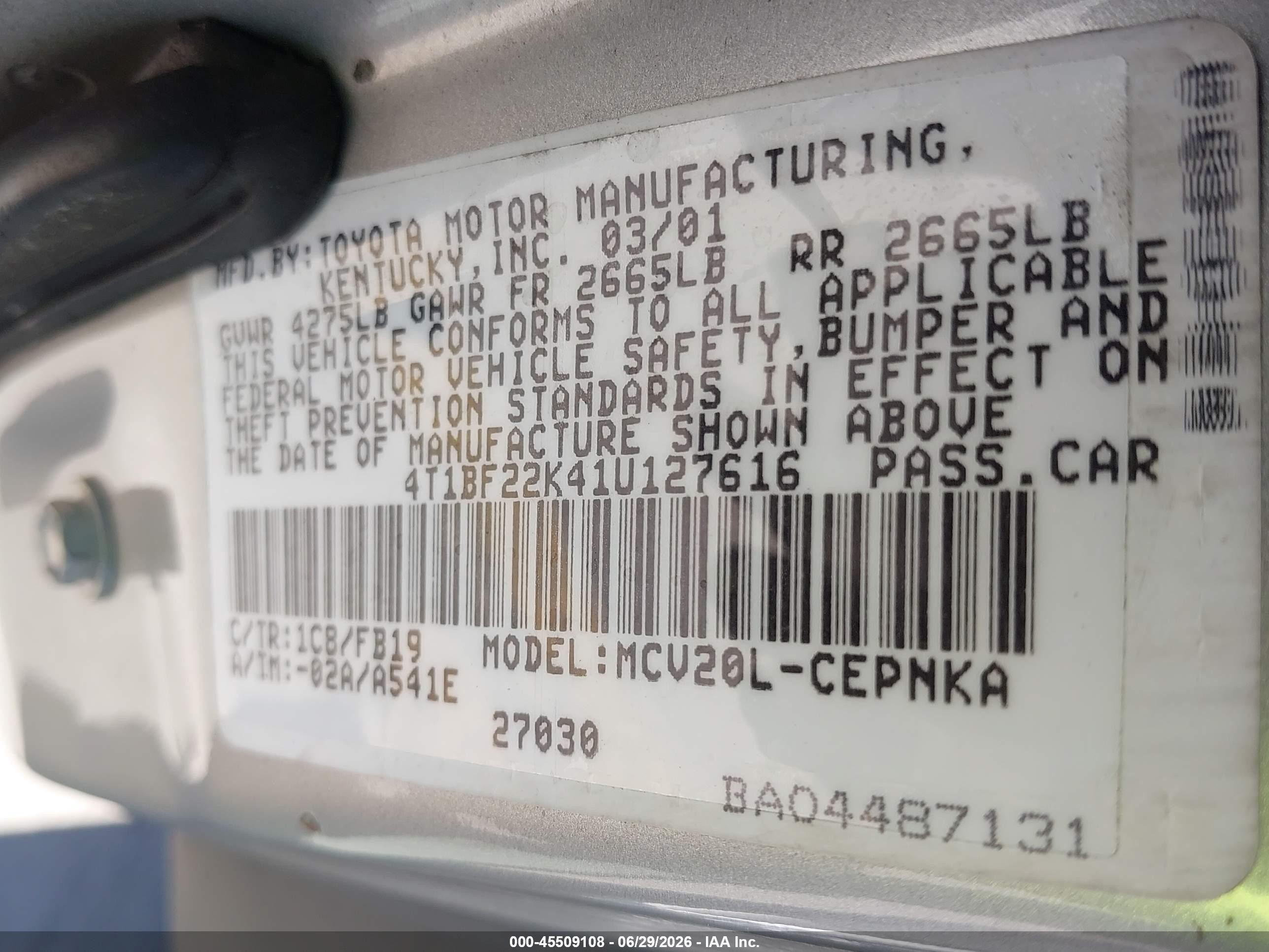 2001 Toyota Camry Le V6 Silver vin: 4T1BF22K41U127616
