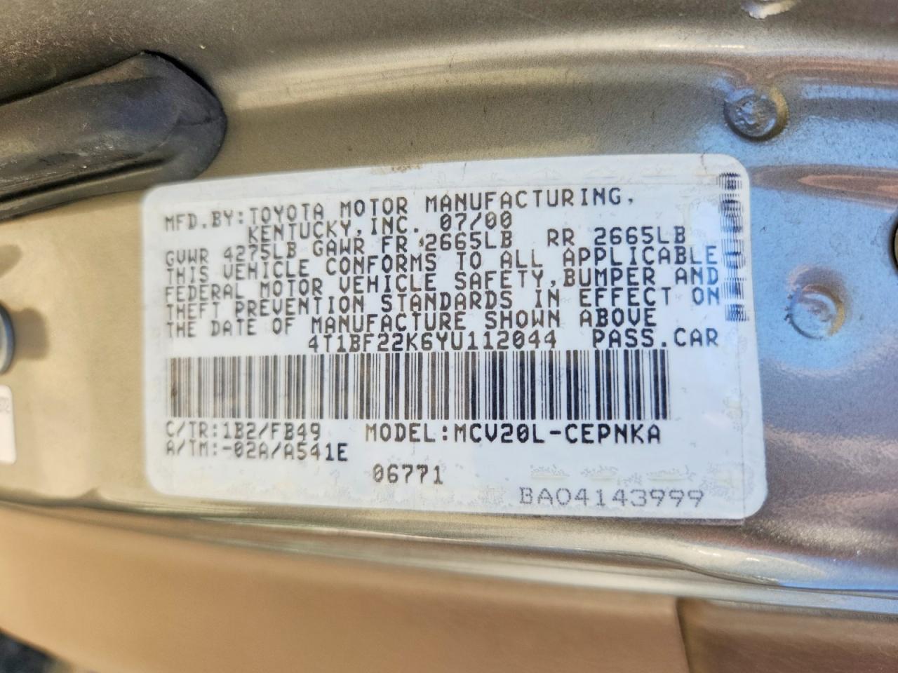 2000 Toyota Camry Le V6 Tan vin: 4T1BF22K6YU112044