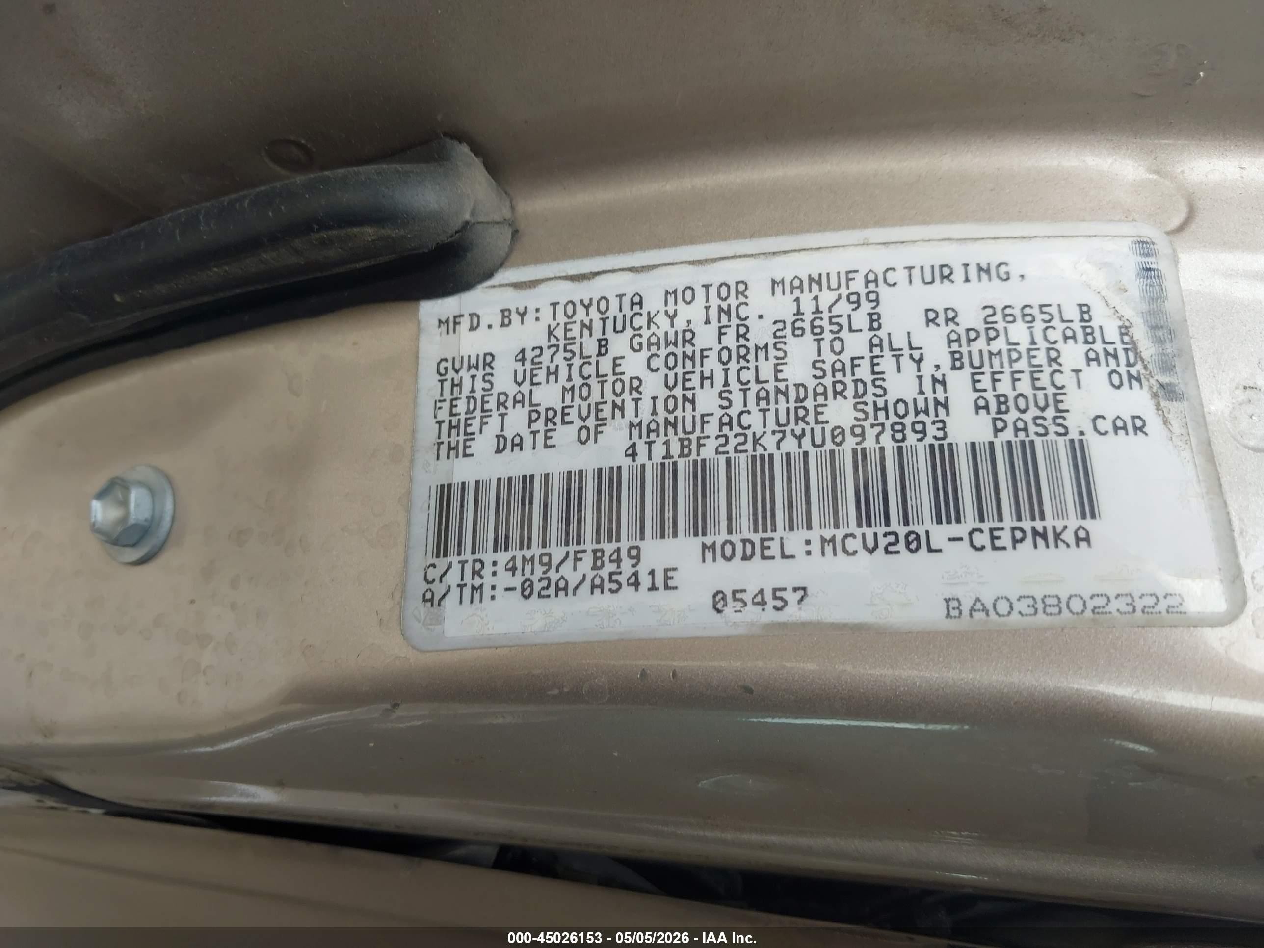 2000 Toyota Camry Le V6 Gold vin: 4T1BF22K7YU097893