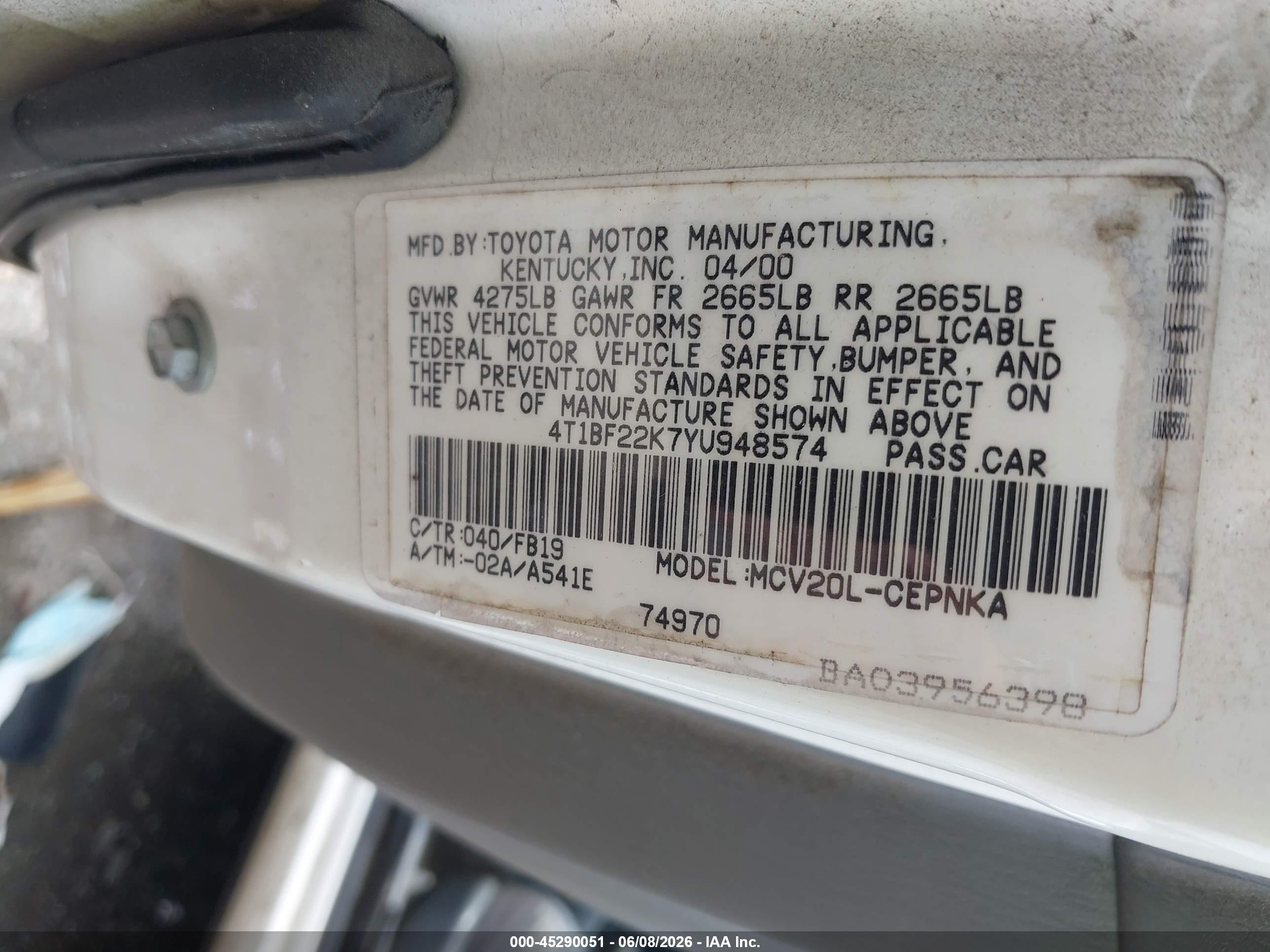 2000 Toyota Camry Le V6 Белый vin: 4T1BF22K7YU948574