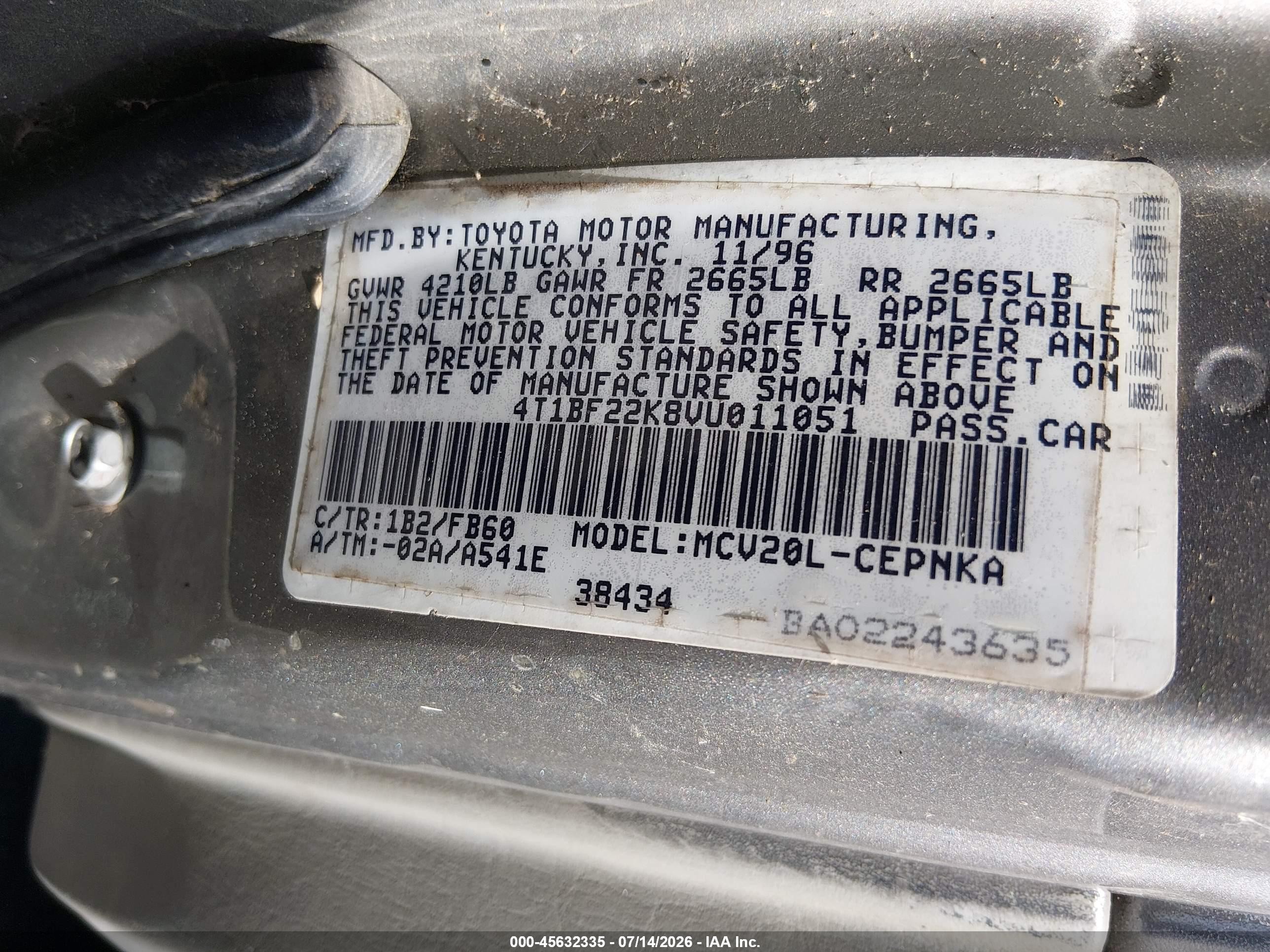 1997 Toyota Camry Le V6 Beige vin: 4T1BF22K8VU011051