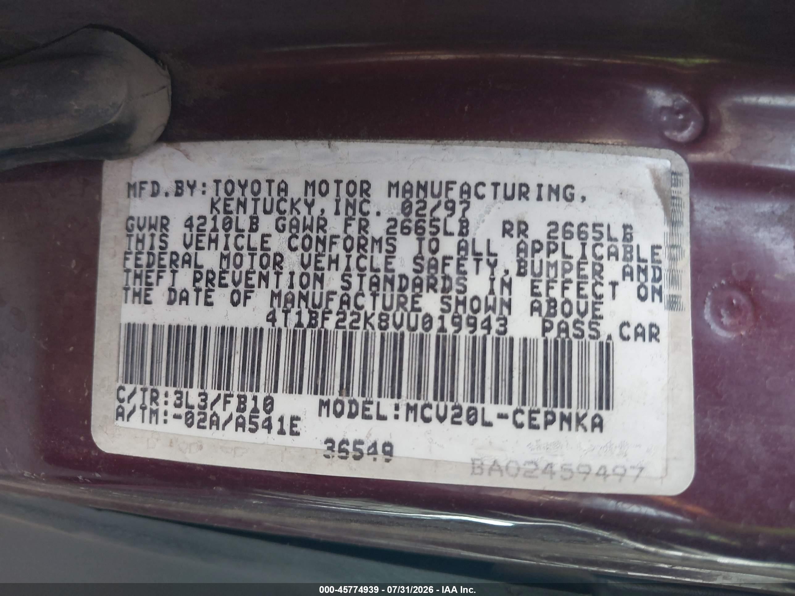 1997 Toyota Camry Le V6 Red vin: 4T1BF22K8VU019943