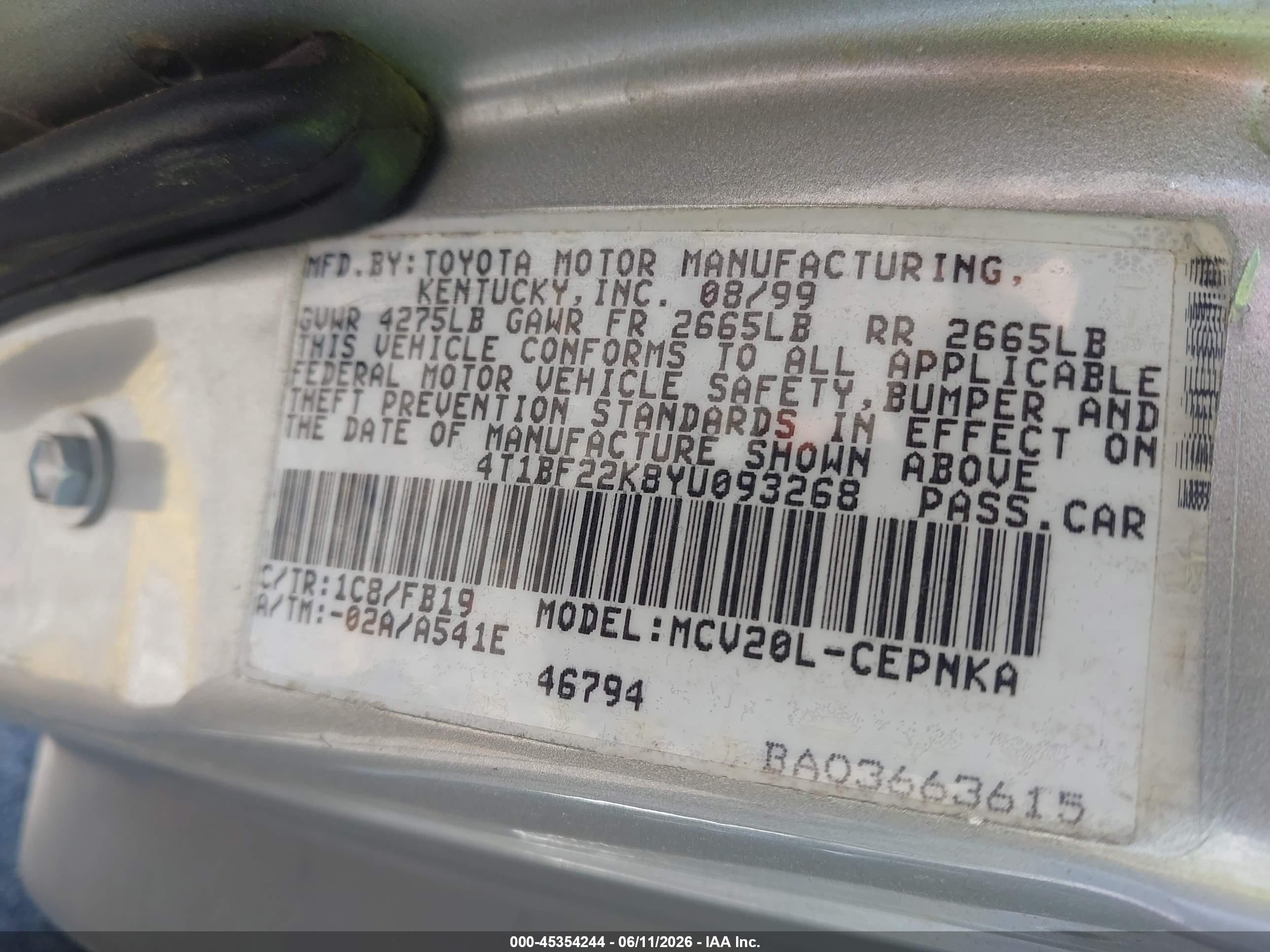 2000 Toyota Camry Le V6 Silver vin: 4T1BF22K8YU093268