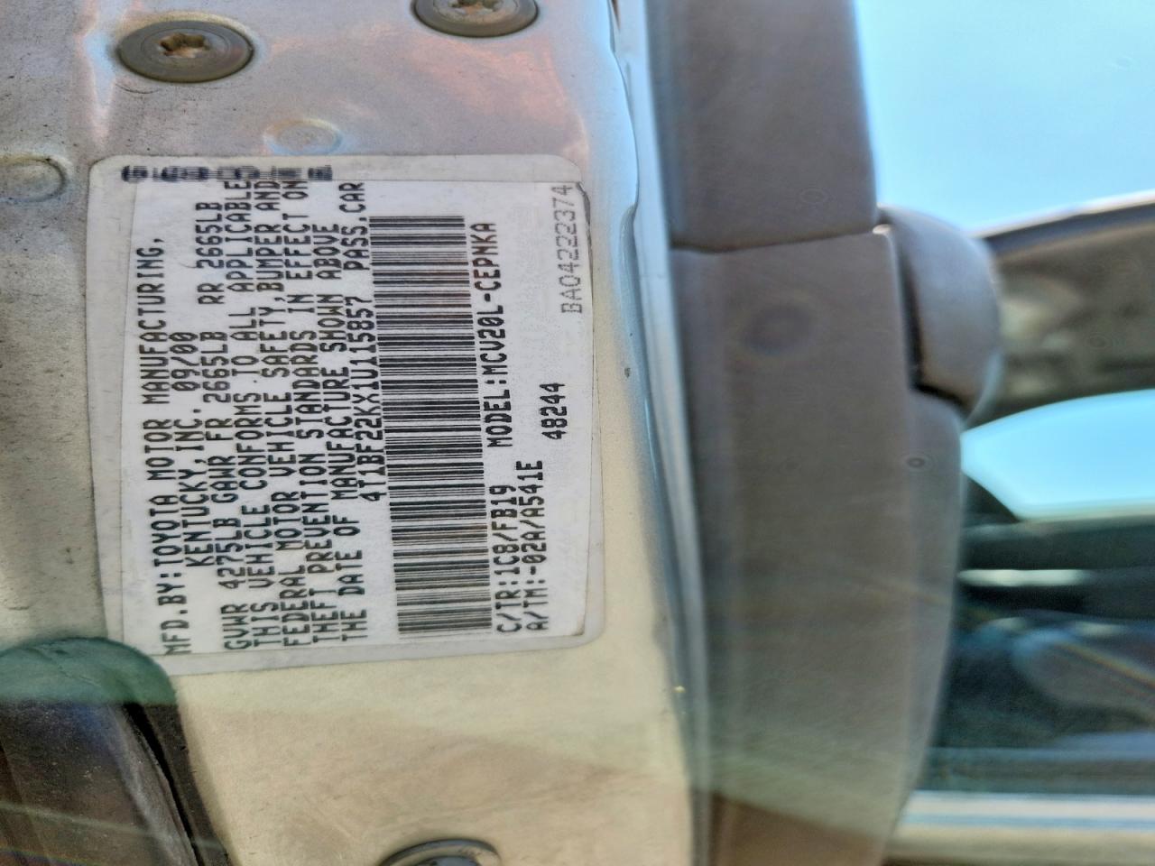 2001 Toyota Camry Le V6 Gray vin: 4T1BF22KX1U115857