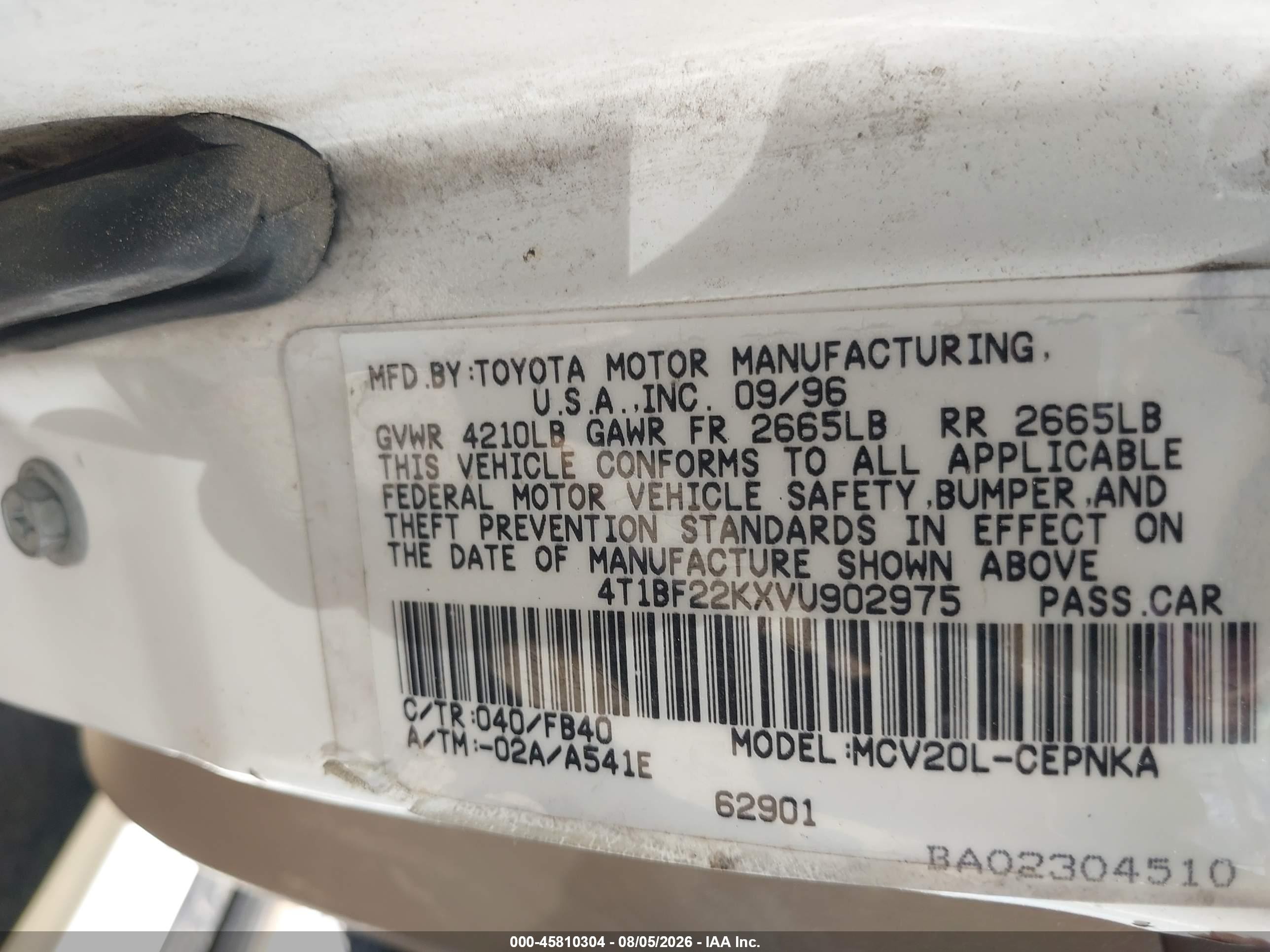 1997 Toyota Camry Le V6 Белый vin: 4T1BF22KXVU902975