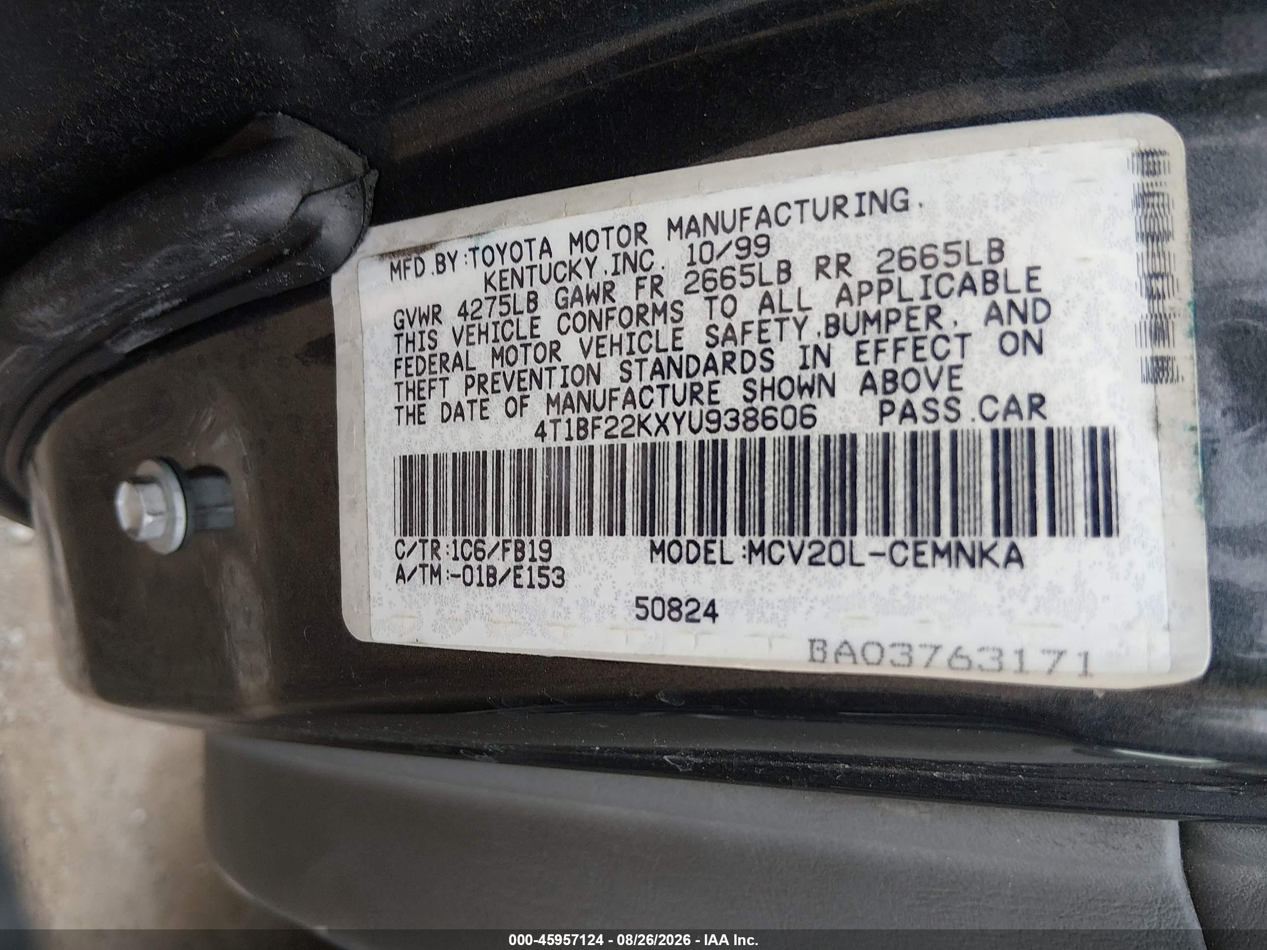 2000 Toyota Camry Le V6 Серый vin: 4T1BF22KXYU938606