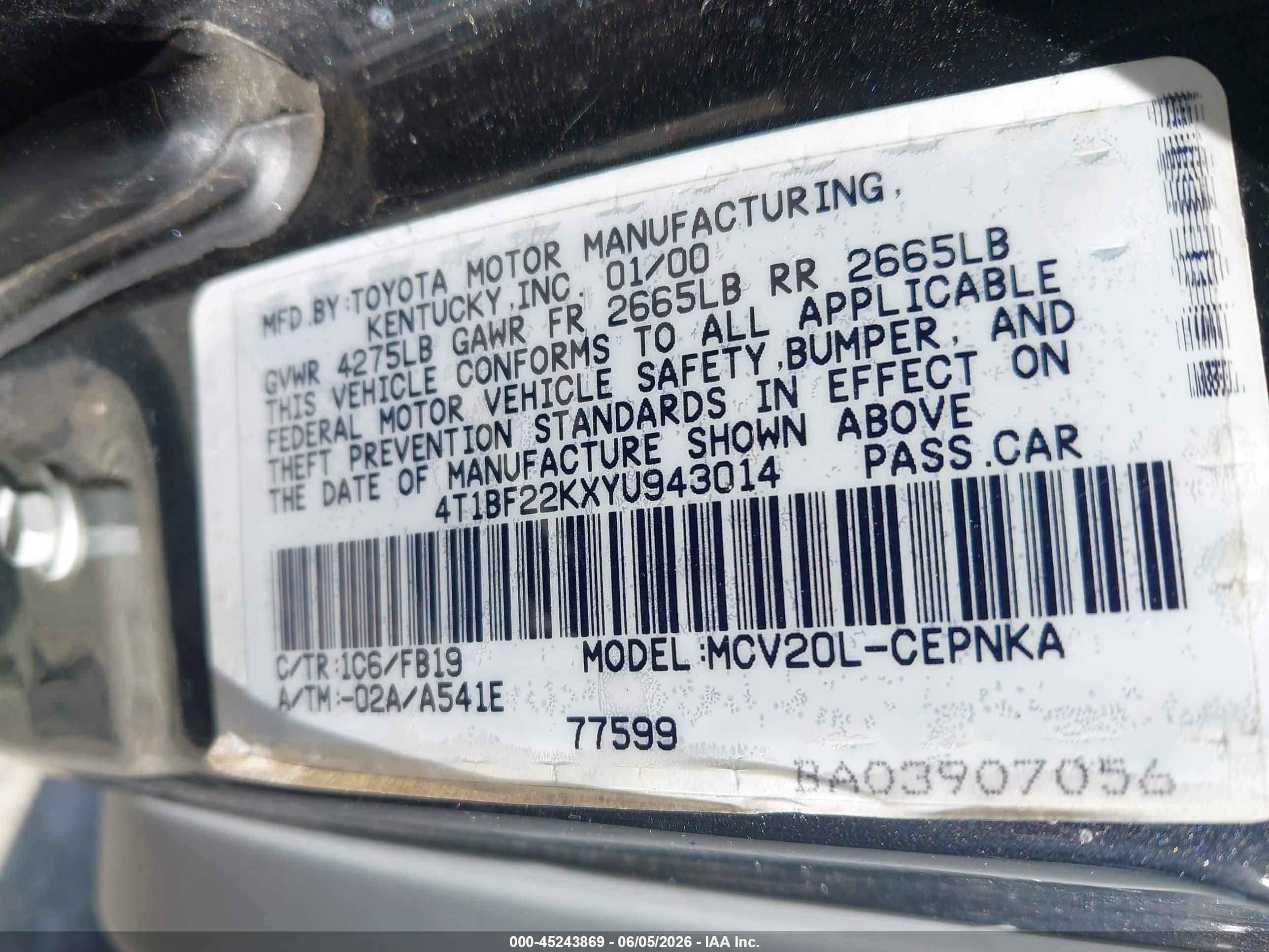2000 Toyota Camry Le V6 Black vin: 4T1BF22KXYU943014