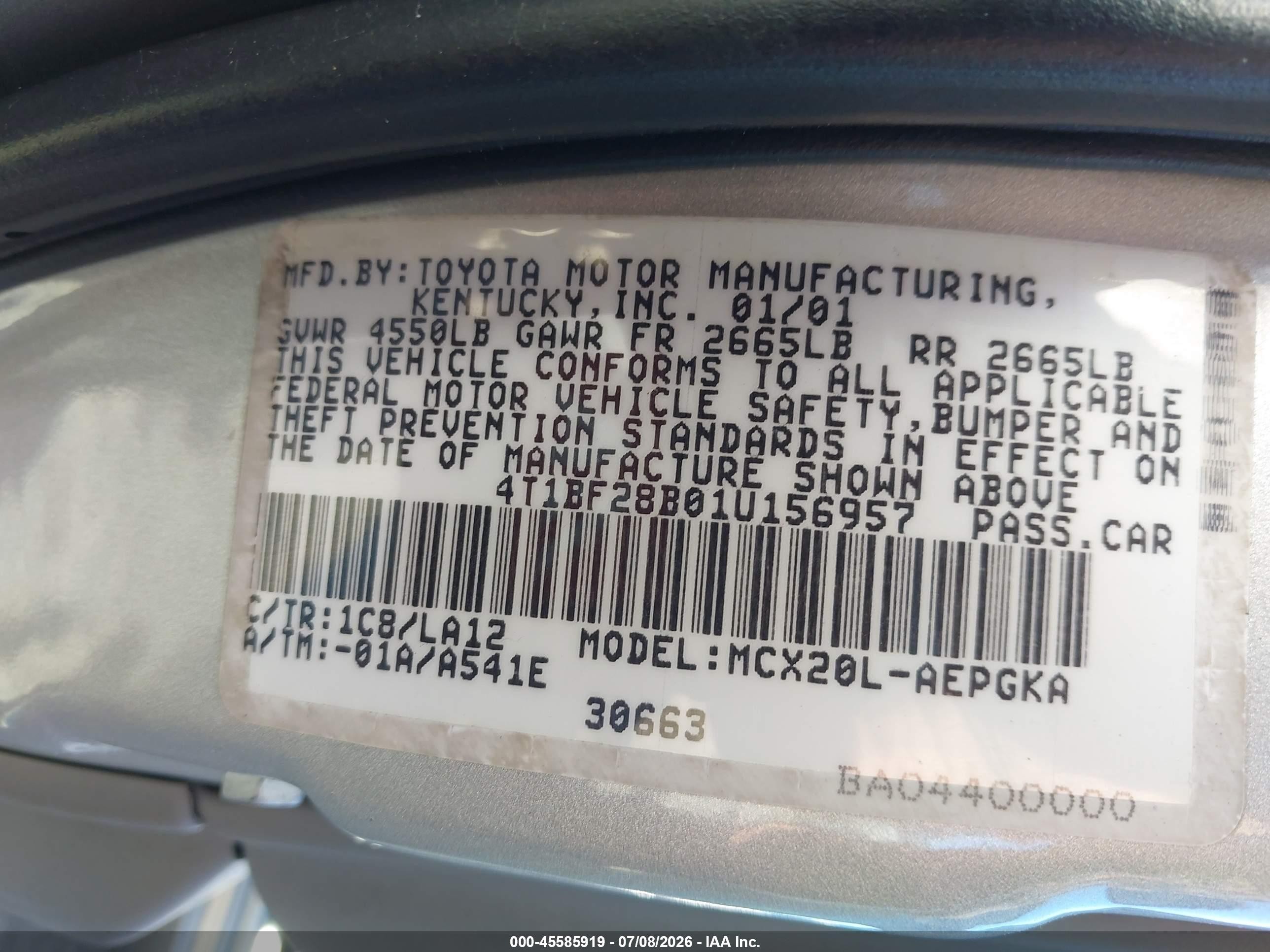 2001 Toyota Avalon Xls Silver vin: 4T1BF28B01U156957