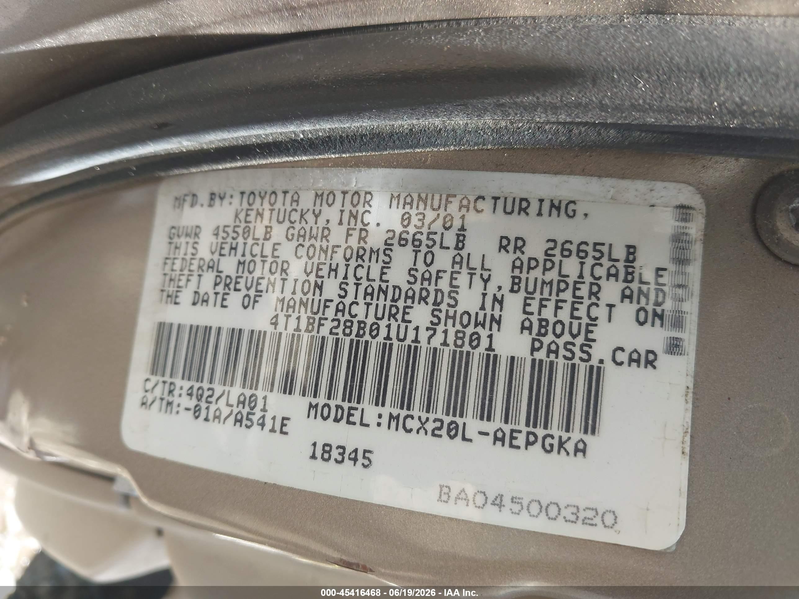 2001 Toyota Avalon Xls Gold vin: 4T1BF28B01U171801