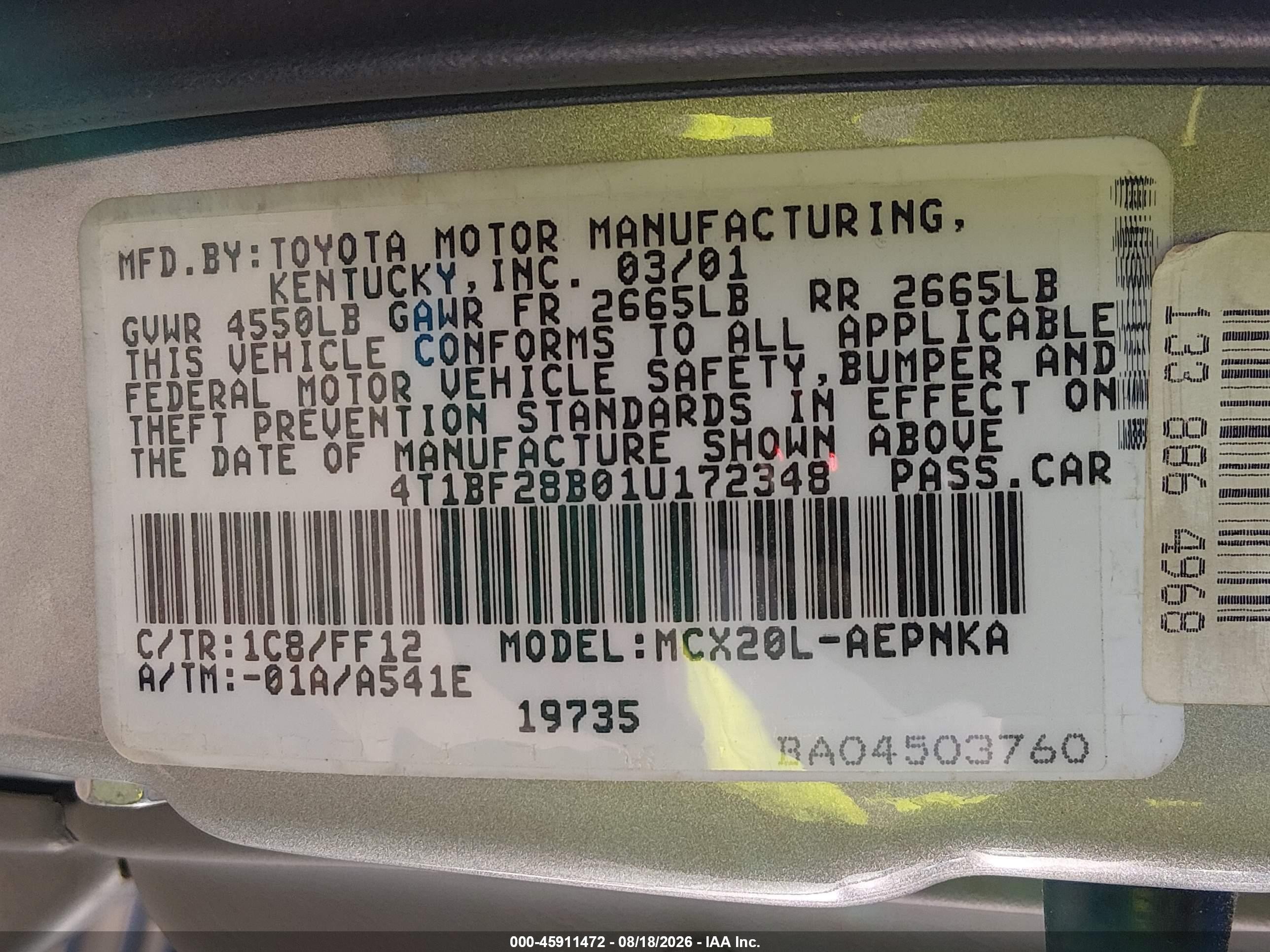 2001 Toyota Avalon Xl Silver vin: 4T1BF28B01U172348